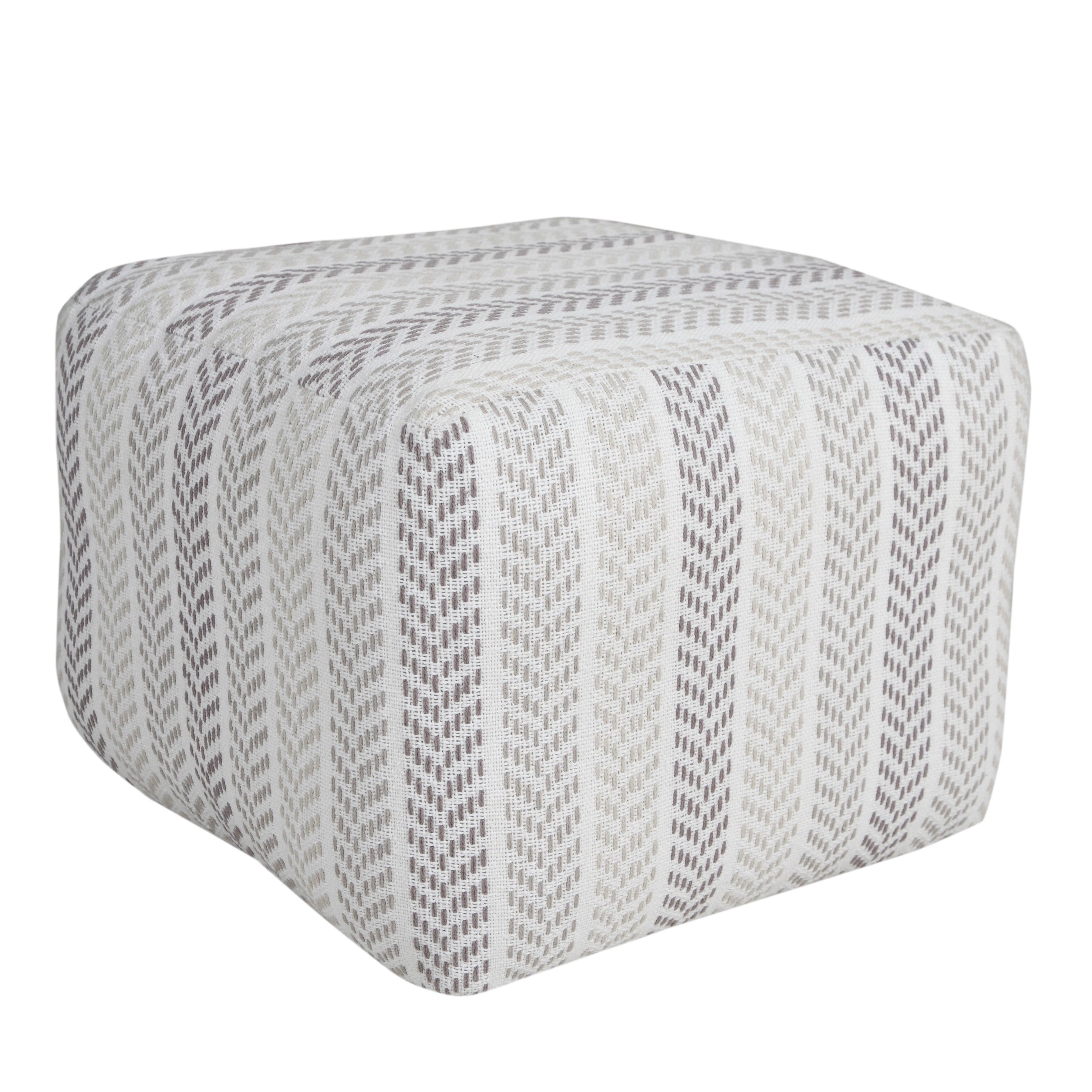 Transitional Chevron Stripe Square Pouf in Gray and White, 18" x 18" x 14"