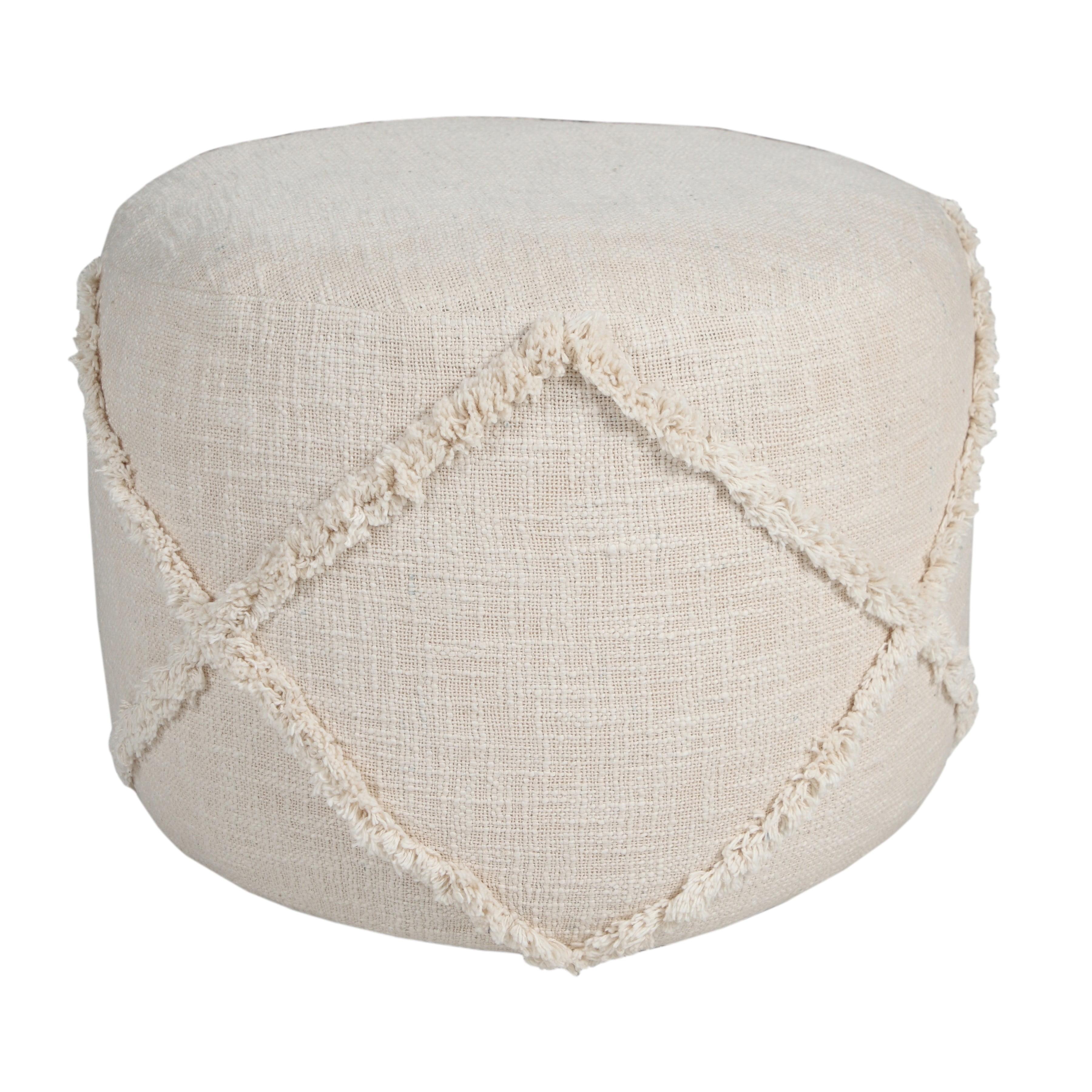 Contemporary Beige Tufted Cotton Round Pouf, 18"x14"