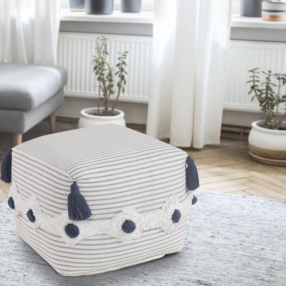 Gray and Ivory Striped Tufted Cotton Pouf Ottoman, 18"x18"x14"