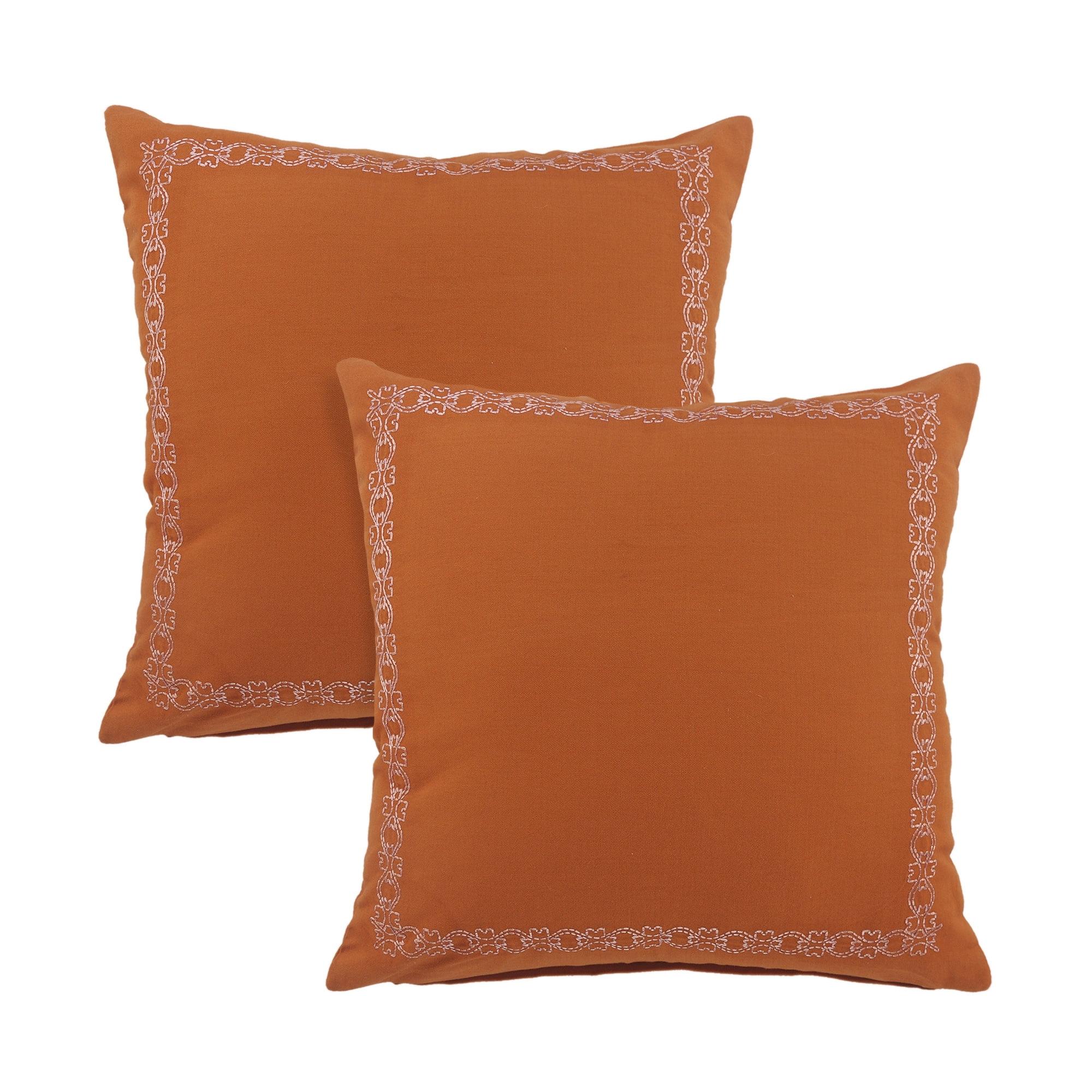 Burnt Orange Cotton Embroidered Square Throw Pillow Set