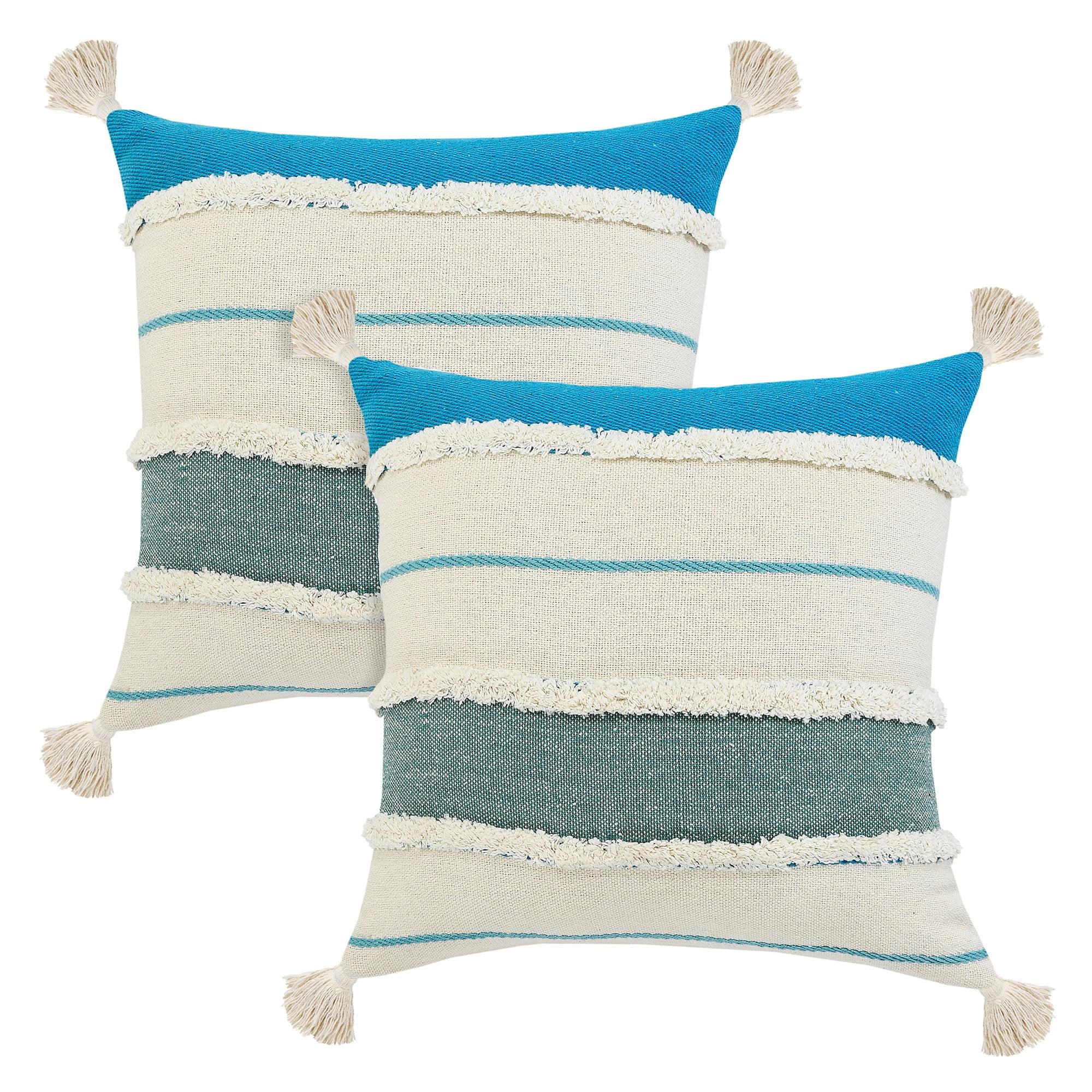 Coastal Blue Striped Tasseled Cotton Throw Pillow Set