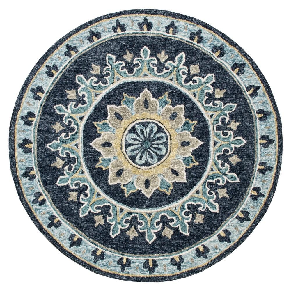 Handmade Floral Gardens Medallion Wool-Viscose Round Rug, Blue, 7'