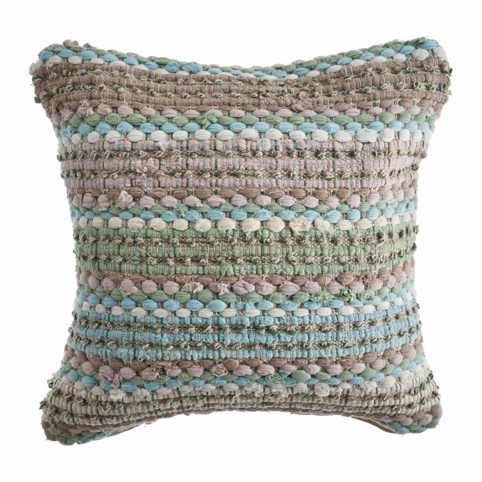 Verdant Green and Blue Textured Weave Square Throw Pillow