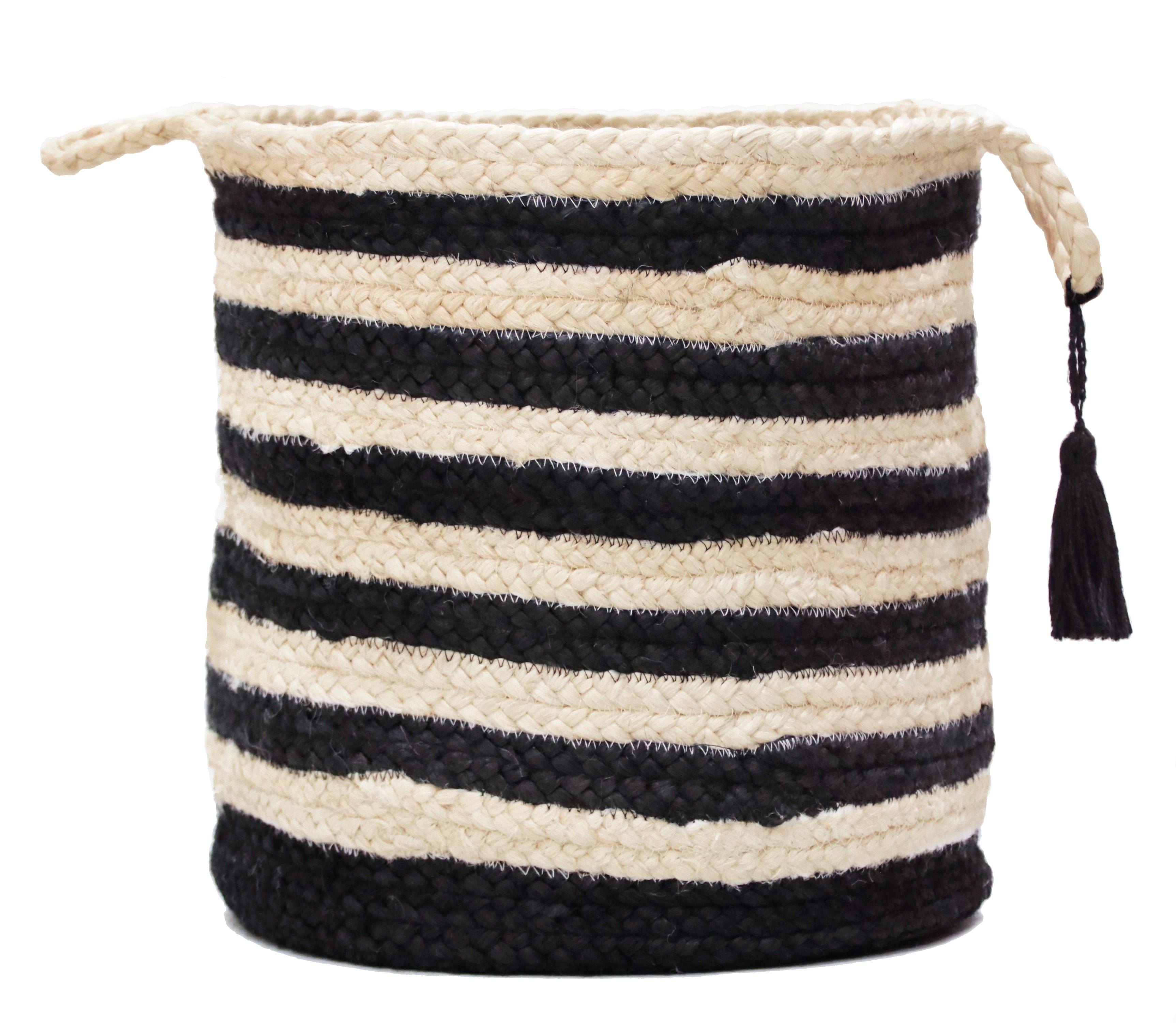 LR Home Woven Round Jute 17" Storage Basket with Handles, Black/White Multi Stripe