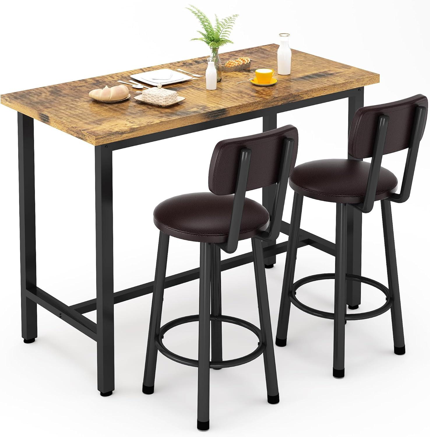 PAPROOS Bar Table Set for 2, 3 Pcs Pub Bistro Table and PU Upholstered Stools with Backrest, Industrial Counter Height Dining Table and Chairs for Kitchen Breakfast Nook Balcony, Rustic Brown