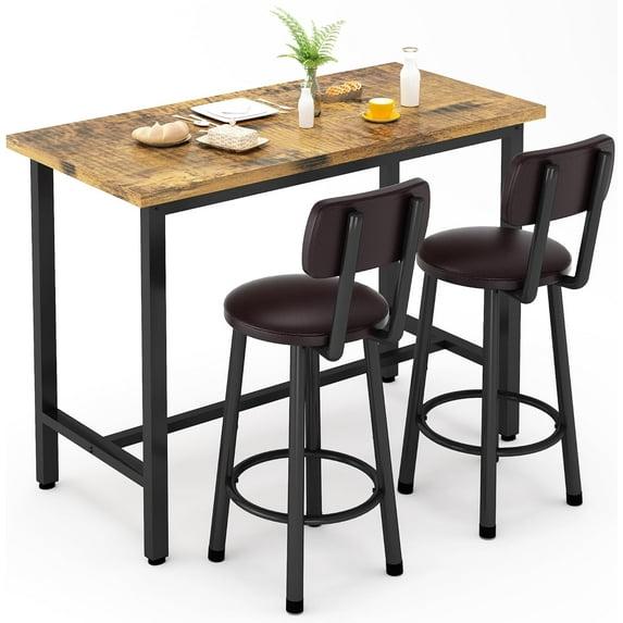 PAPROOS Bar Table Set for 2, 3 Pcs Pub Bistro Table and PU Upholstered Stools with Backrest, Industrial Counter Height Dining Table and Chairs for Kitchen Breakfast Nook Balcony, Rustic Brown