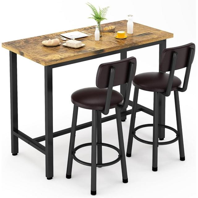 PAPROOS Bar Table Set for 2, 3 Pcs Pub Bistro Table and PU Upholstered Stools with Backrest, Industrial Counter Height Dining Table and Chairs for Kitchen Breakfast Nook Balcony, Rustic Brown