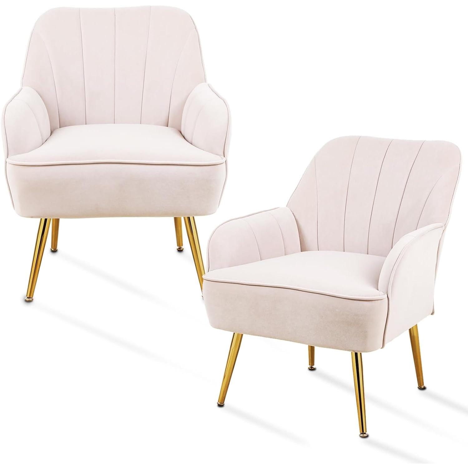 Beige Velvet Barrel Accent Chair with Gold Metal Legs, Set of 2