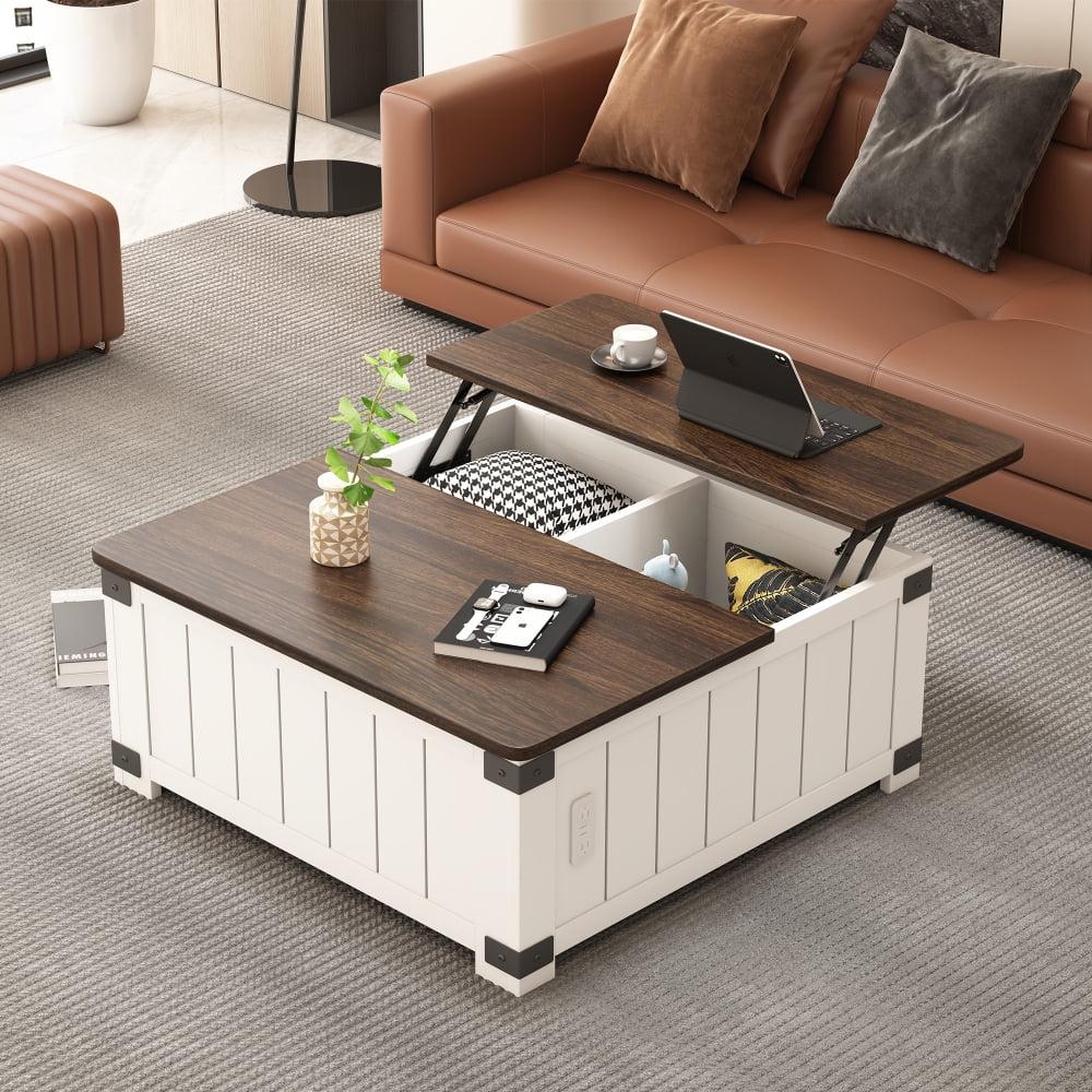 White and Brown Square Lift-Top Coffee Table with Storage