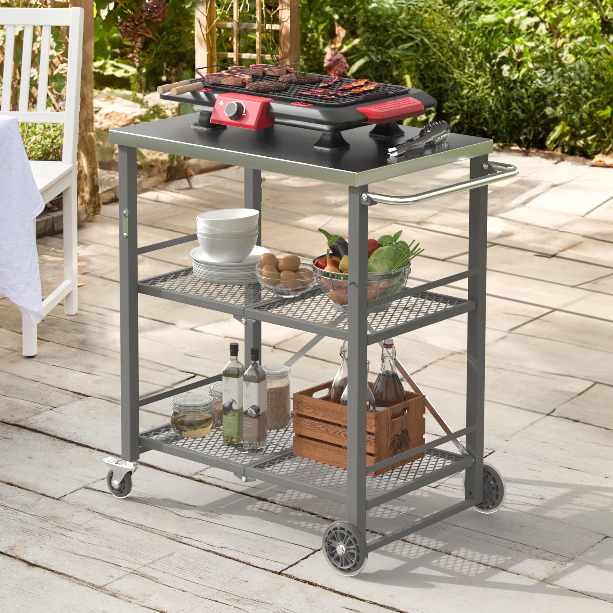 Gray Stainless Steel 3-Tier Foldable Outdoor Grill Cart