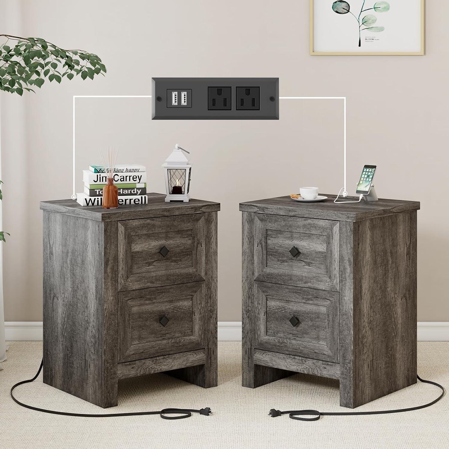 Rustic Grey 2-Drawer Nightstand Set with Charging Station