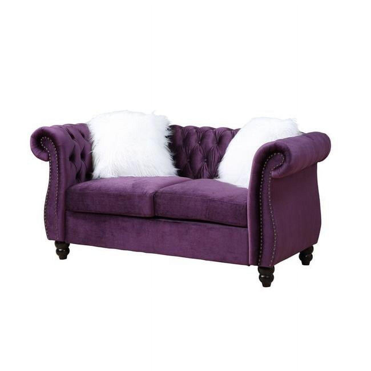 Purple Velvet Chesterfield Loveseat with Nailhead Trim