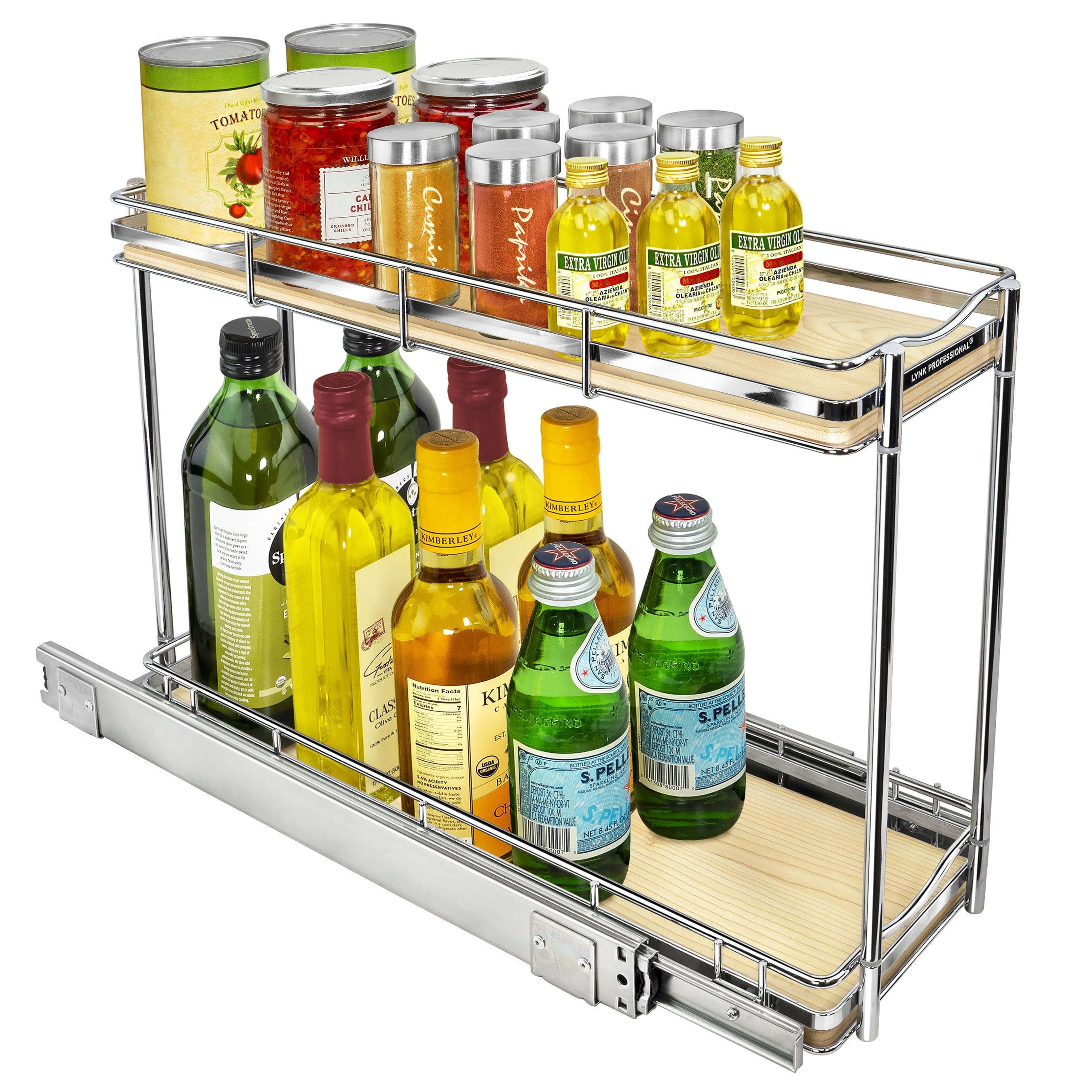 Expandable Chrome and Wood 2-Tier Pull-Out Spice Rack