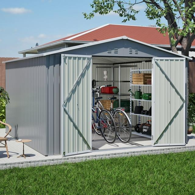 LZBEITEM 10 x 10 ft Outdoor Storage Shed with Floor Frame Kit, Galvanized Steel Garden Sheds, Garden Tool Shed with Double Lockable Doors for Backyard Patio Lawn, Grey