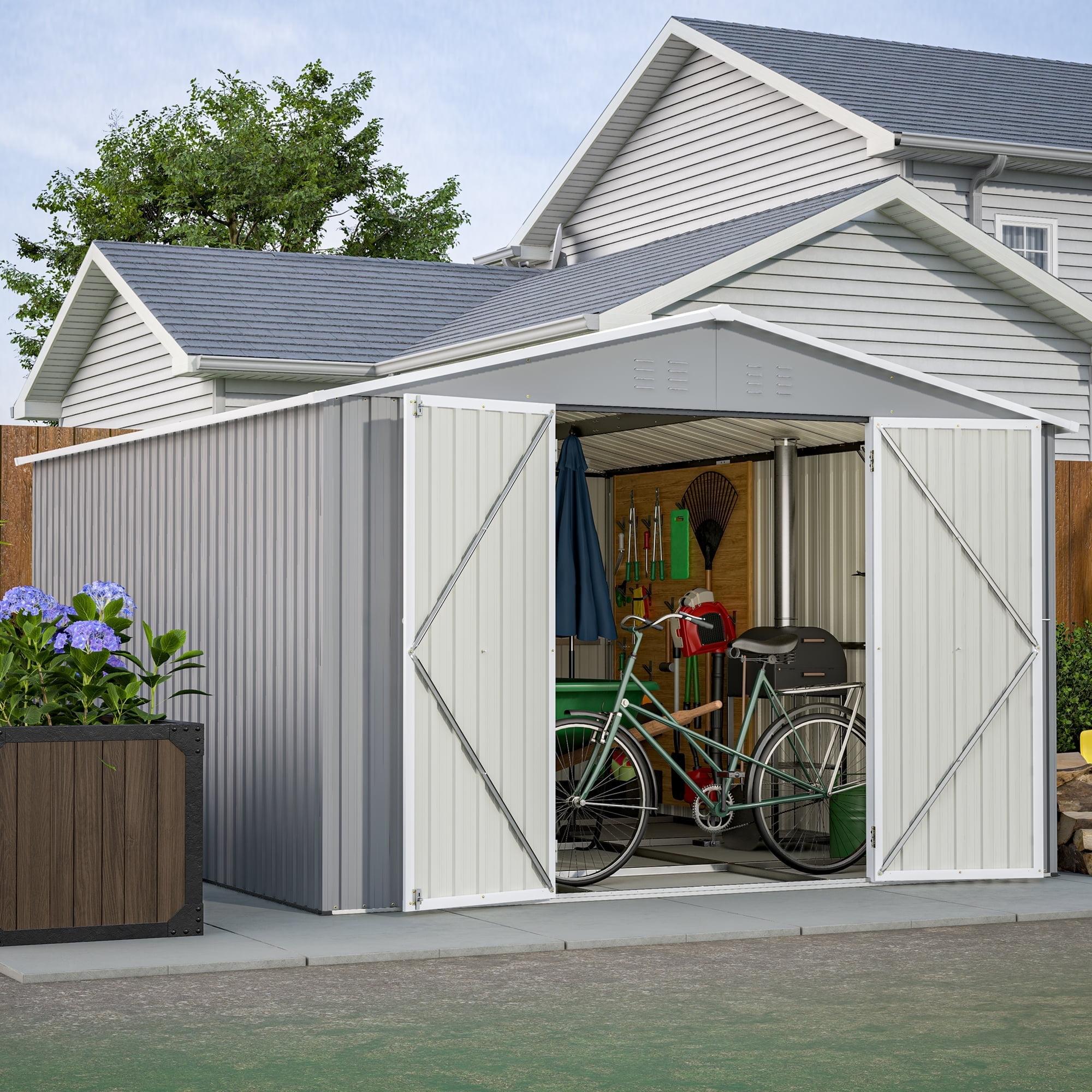 10' x 12' Gray Metal Garden Storage Shed with Double Doors