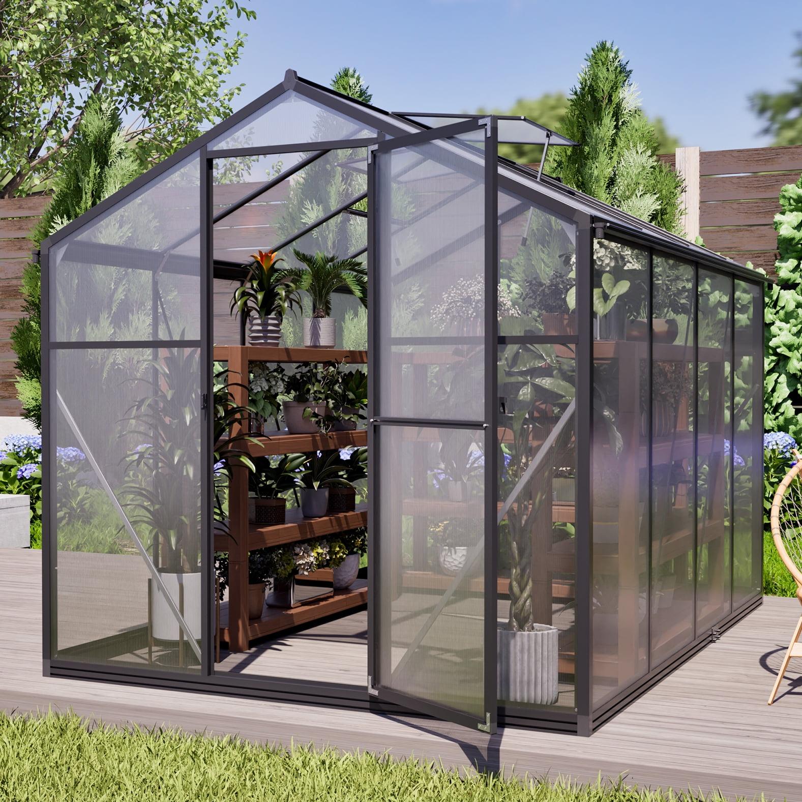LZBEITEM Outdoor 6'x8' Wall-in Greenhouse Polycarbonate Aluminum Plant Patio Grow House Garden Shed Kit, Black