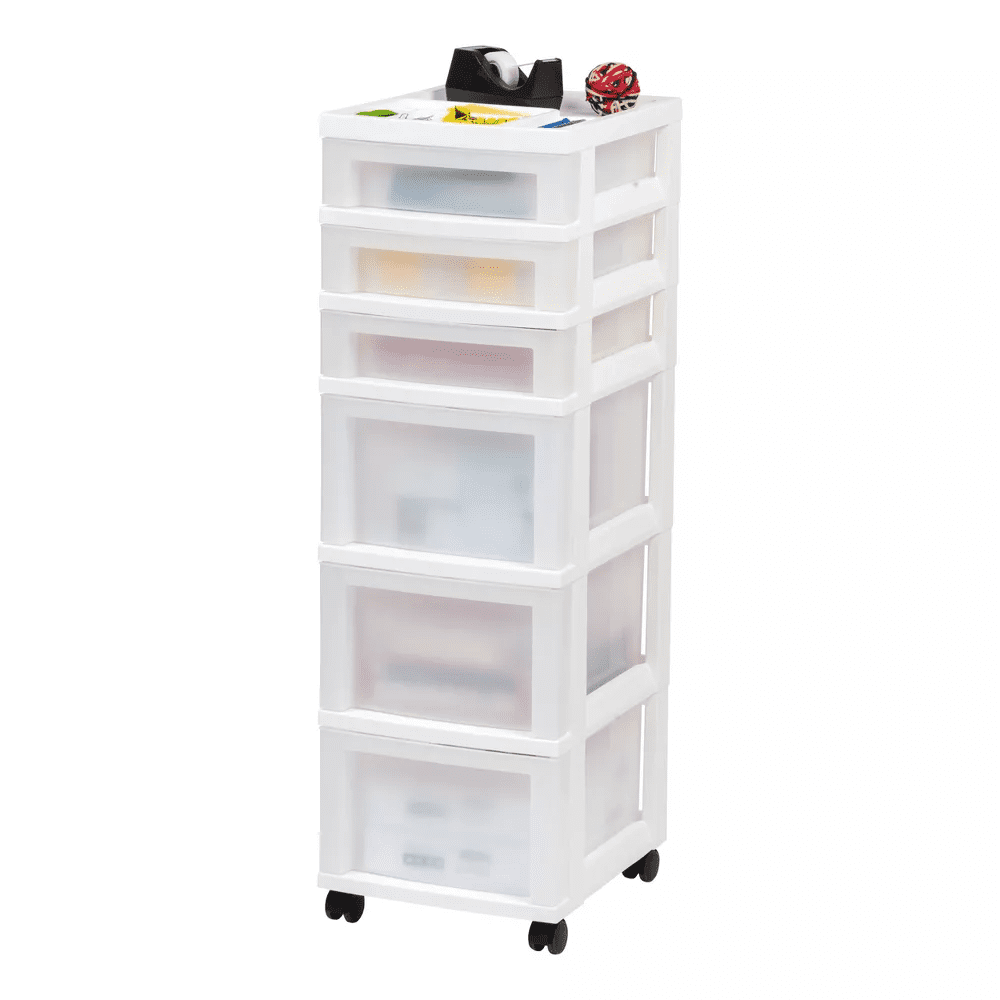 Iris White 6-Drawer Storage Tower with Organizer Top and Wheels