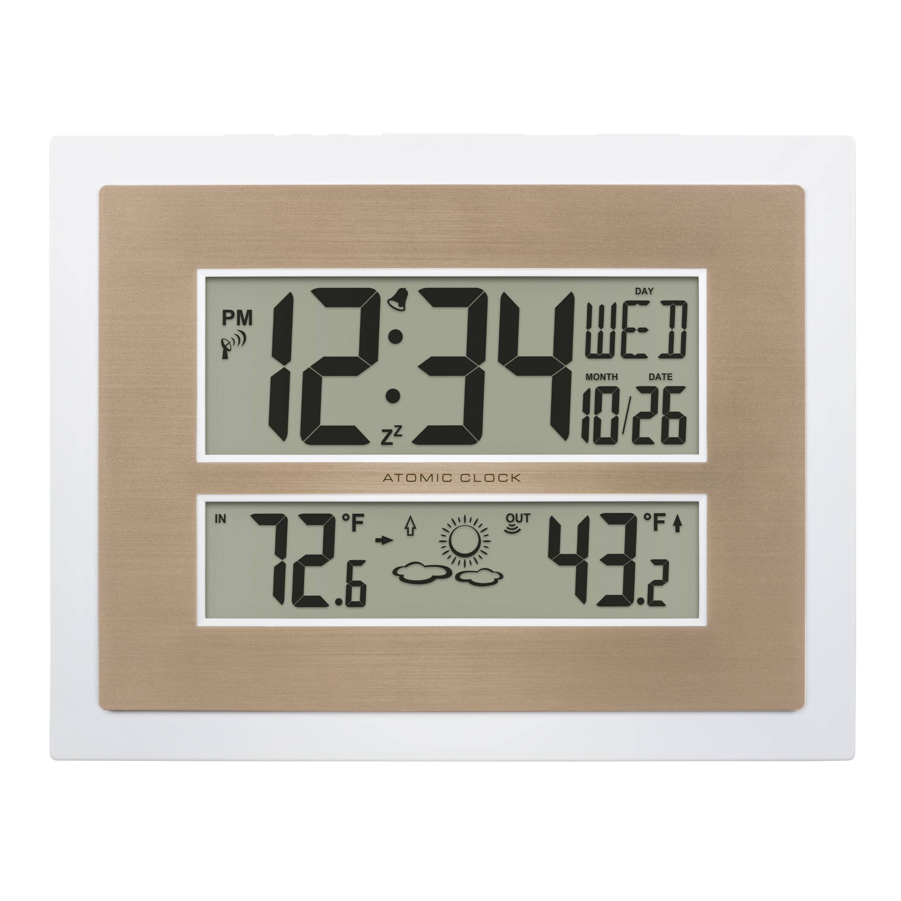 White and Champagne Atomic Digital Wall Clock with Temperature Display