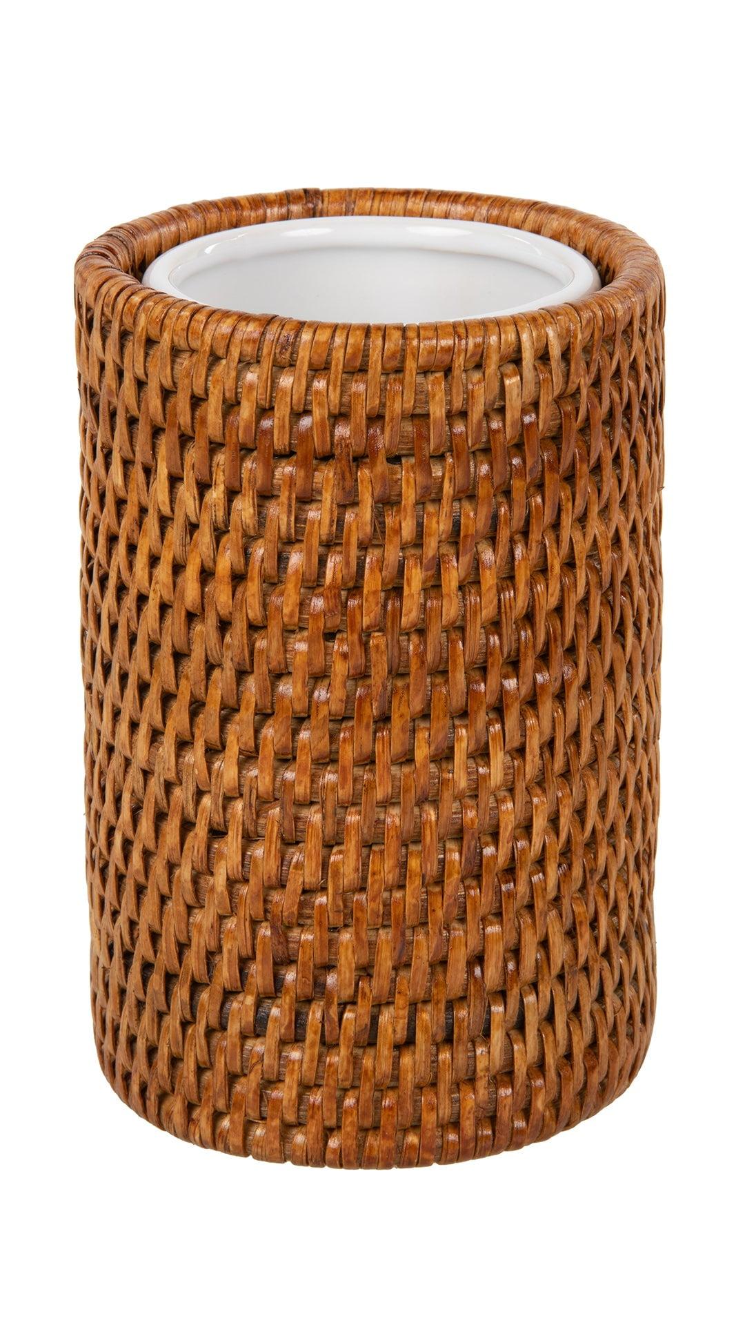 Honey Brown Rattan Bathroom Tumbler with Ceramic Dish