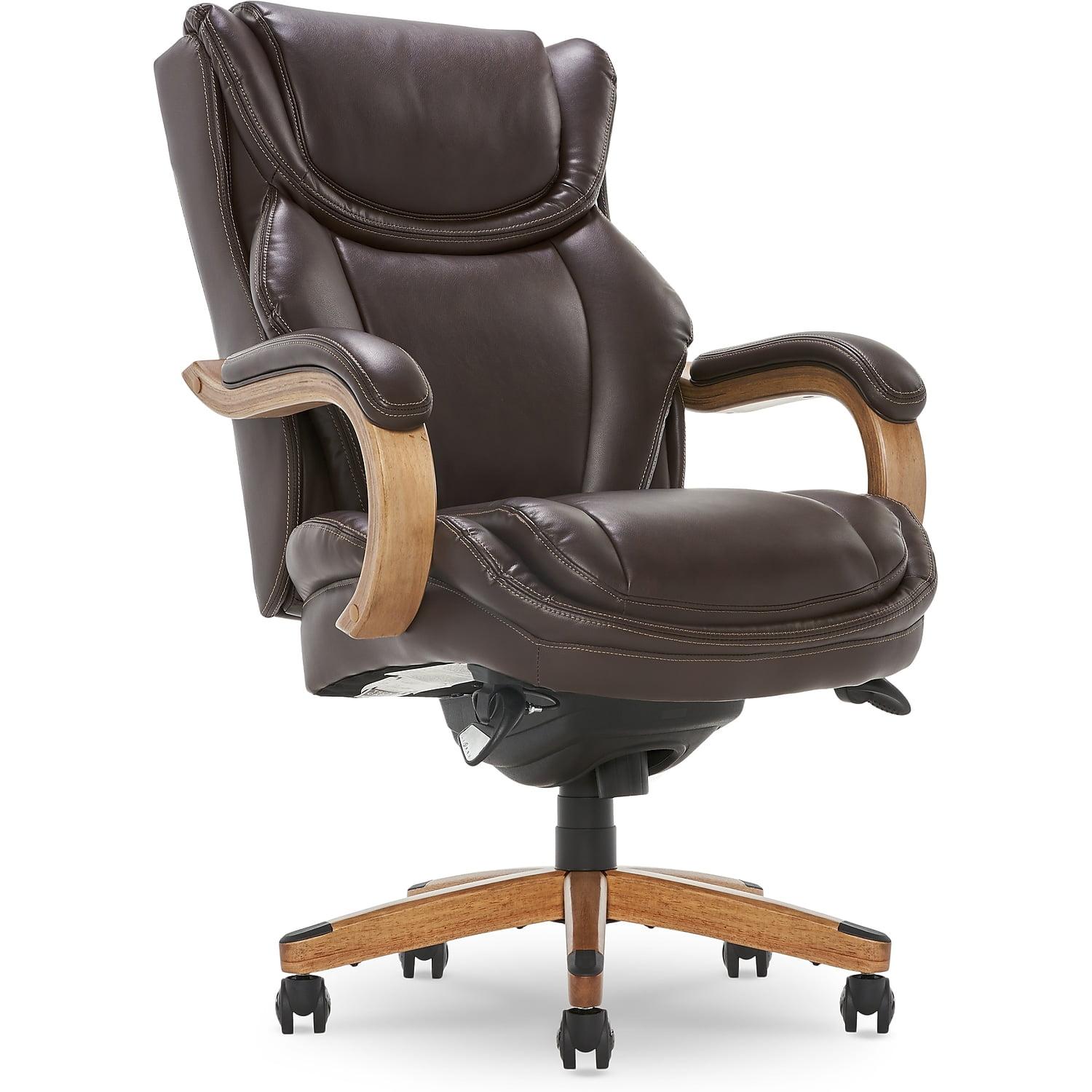 Luxury Coffee Brown Leather Executive Swivel Office Chair with Wood Base