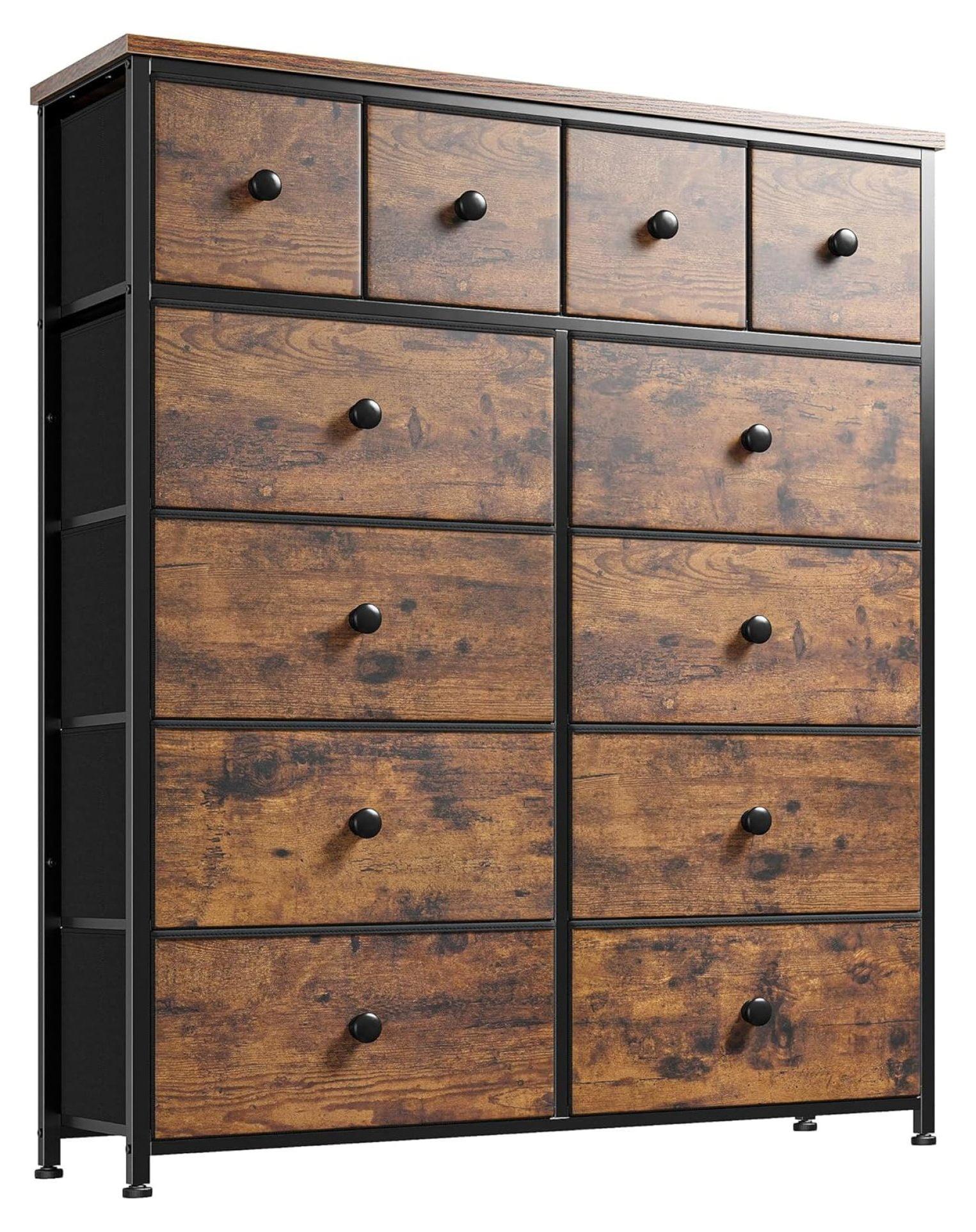 Rustic Brown 12-Drawer Tall Dresser with Metal Frame