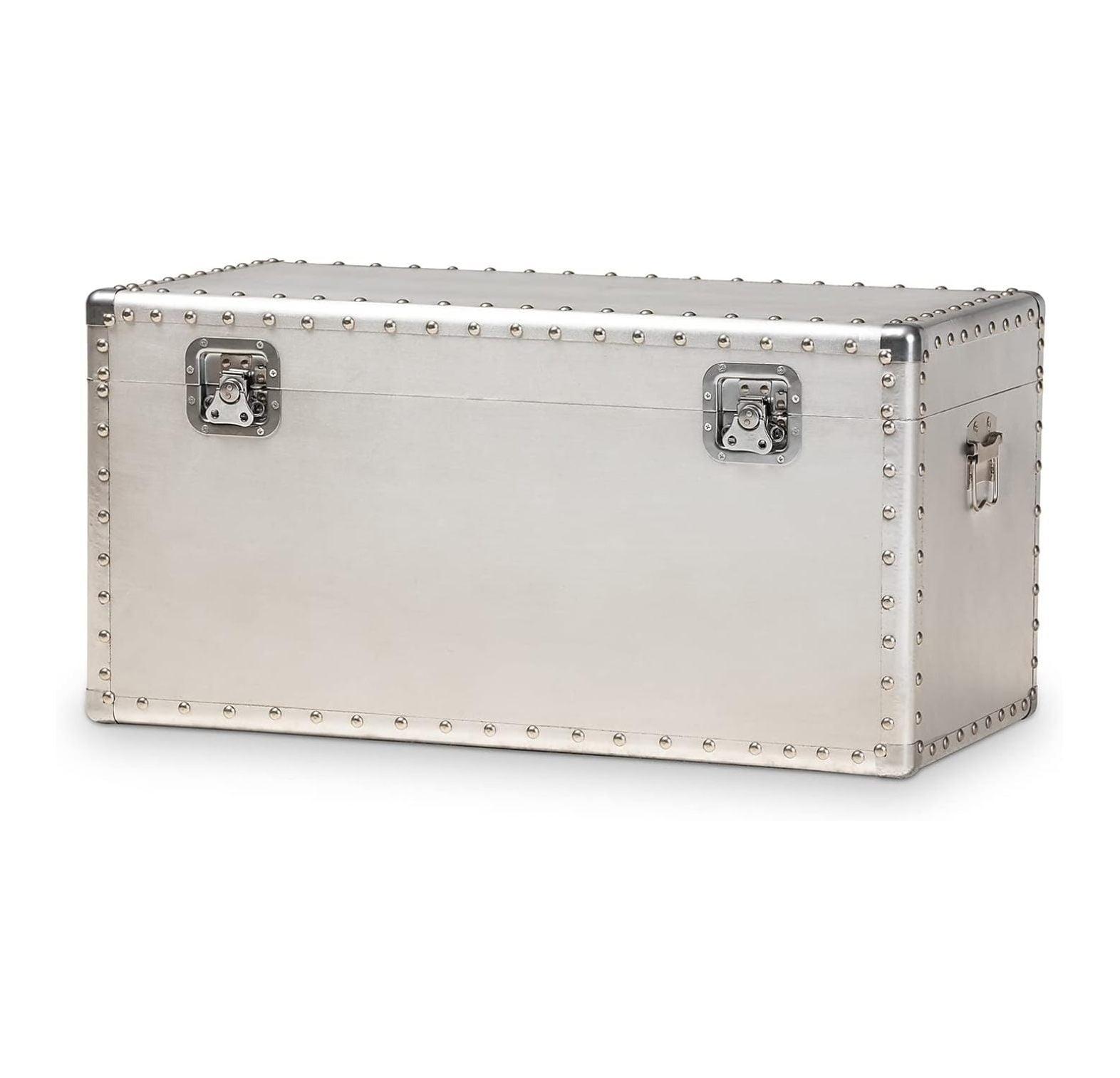 Baxton Studio Serge Metal Storage Trunk Silver: No Assembly, Spot Clean, 150lb Capacity, All Ages