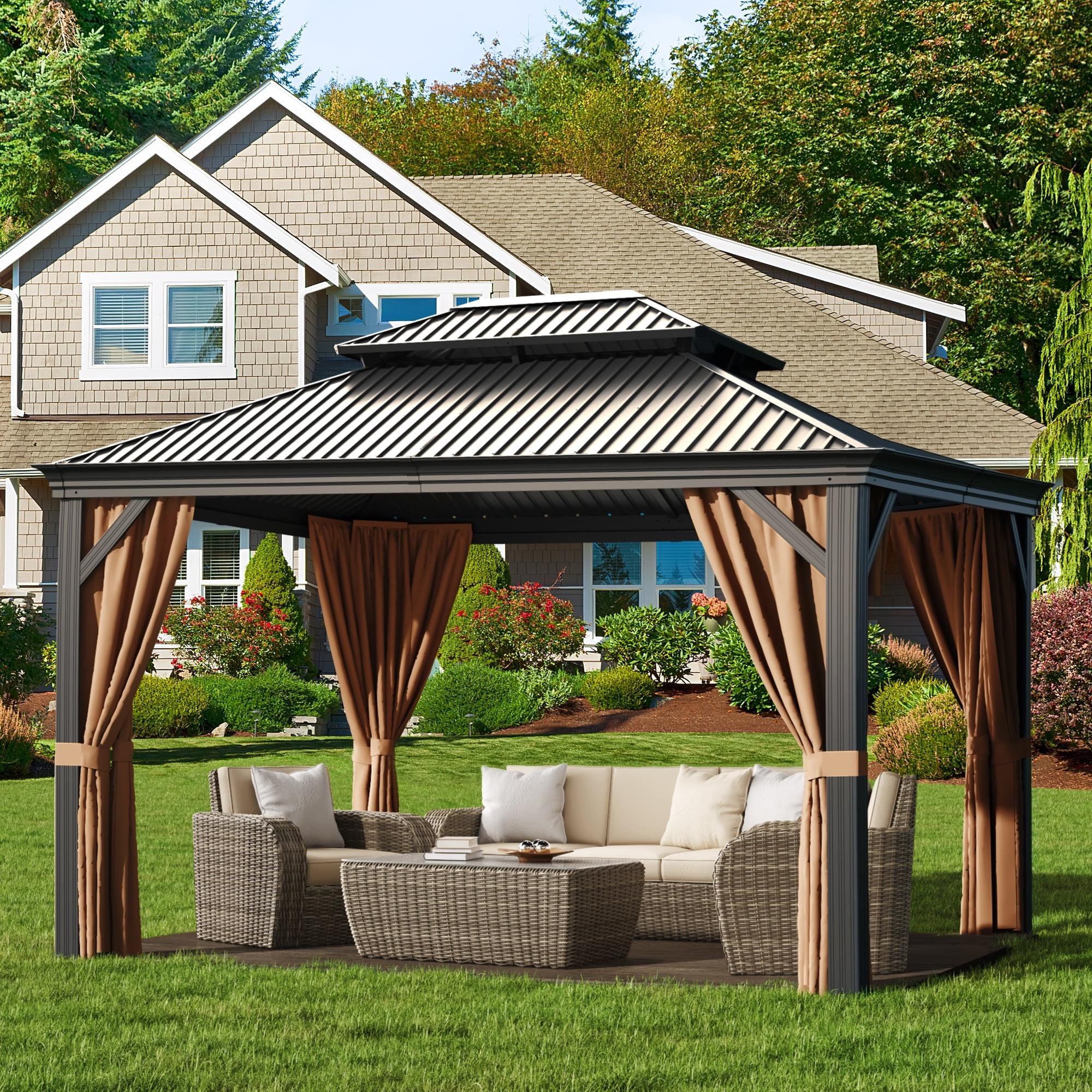 LACOO Galvanized Aluminum Hardtop Permanent Gazebo with Double Roof, Netting and Curtains