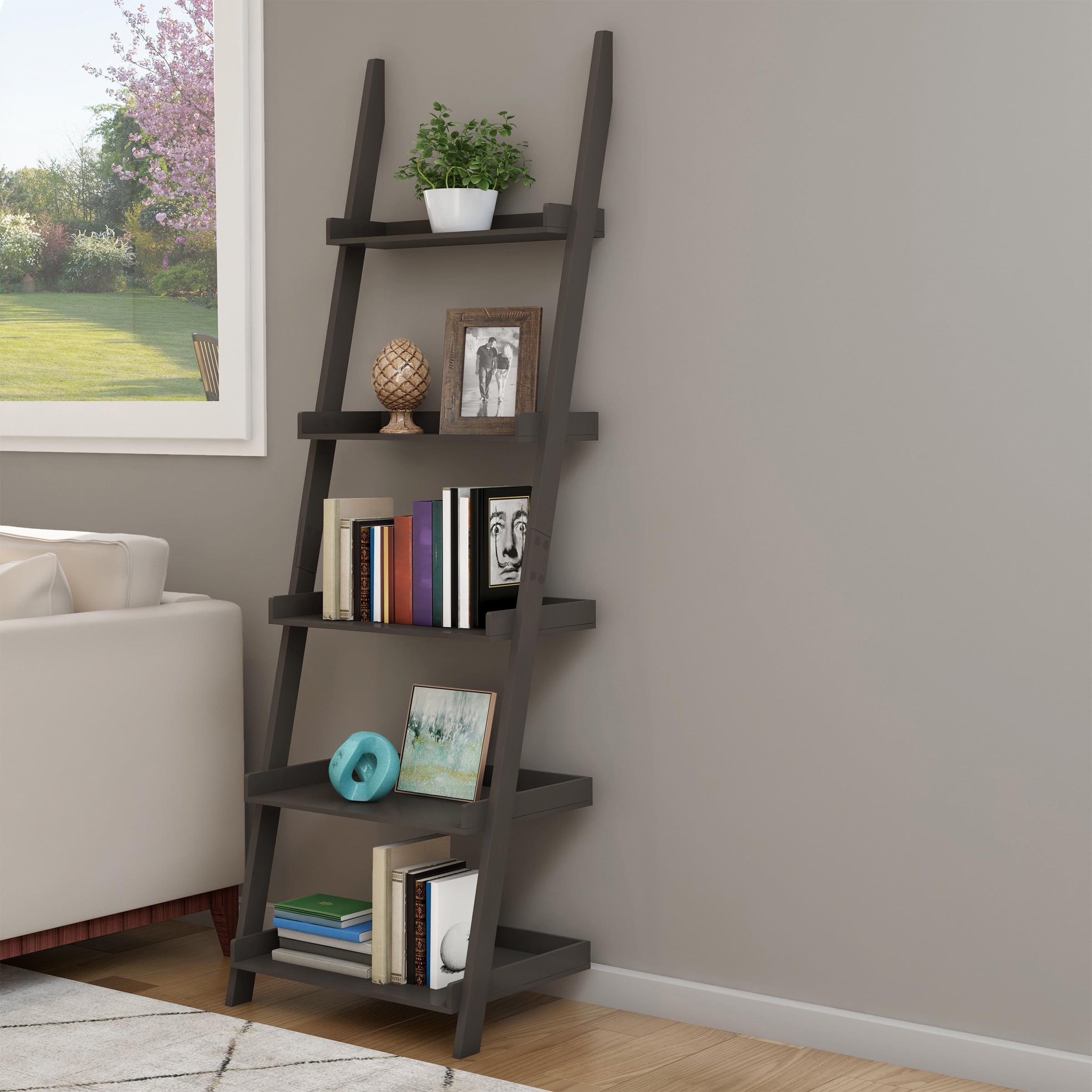 Bookshelf - 5-Tier Ladder Shelf with Leaning Look - Bookcase for Home Decor and Office Storage - Freestanding Book Shelves by Lavish Home (Gray)