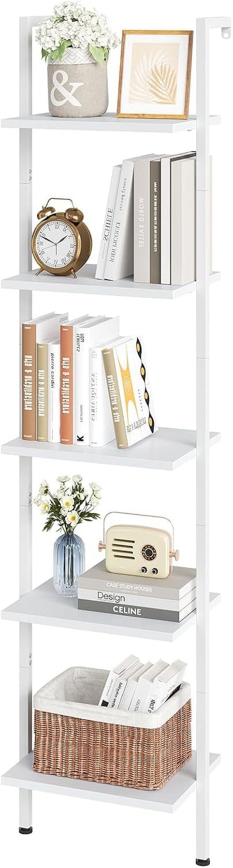 Tcbosik Ladder Shelf ,Wooden Open Bookshelf, 5-Tier Wall-Mounted Wood Rack Modern Plant Flower Stand Utility Organizer Bookcase Metal Frame Furniture for Office Kitchen Bedroom,White