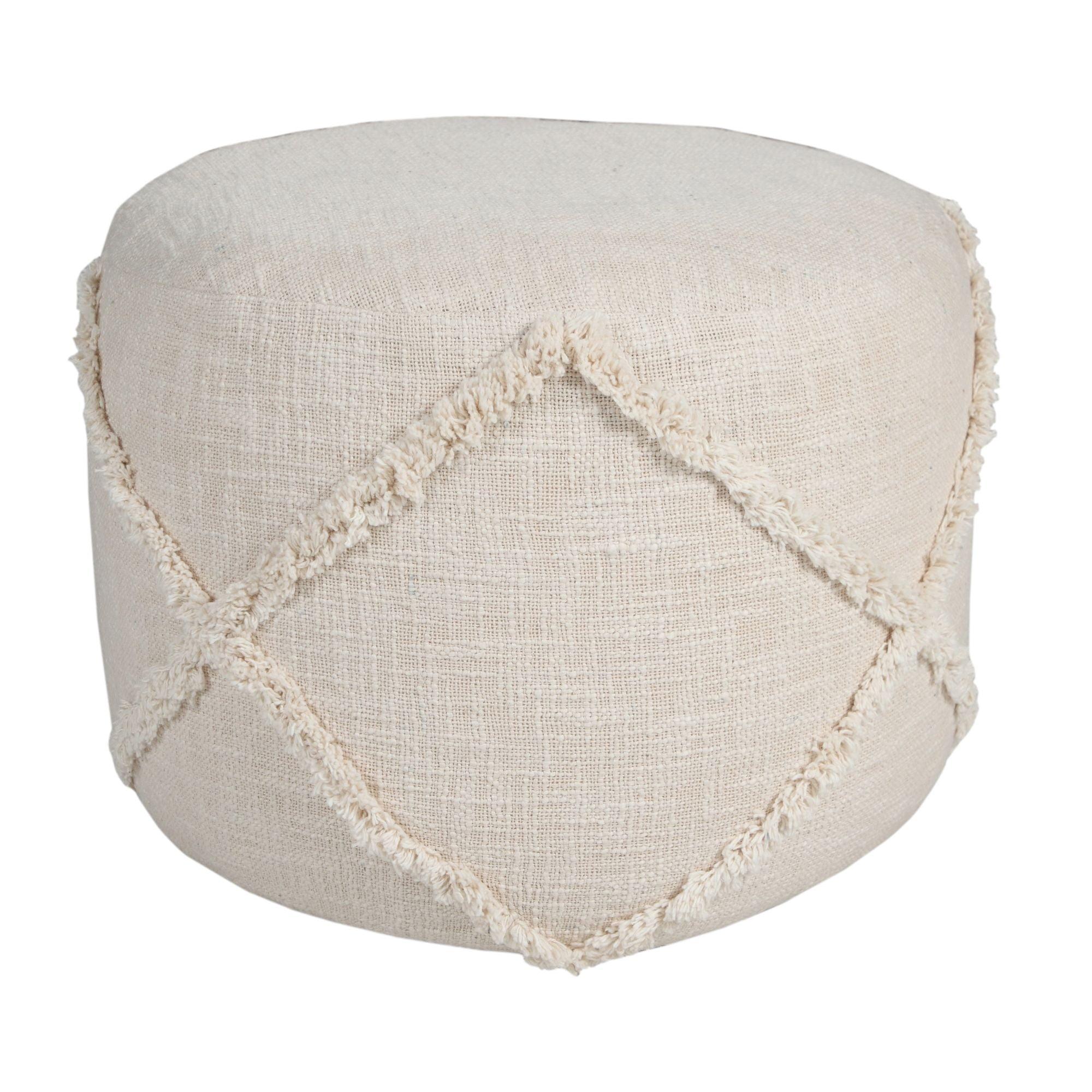 Winsome Beige Cotton Tufted Round Pouf Ottoman, 18"x14"
