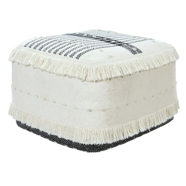 Laddha Home Designs 18" Black and White Shag Stripe Handcrafted Square Pouf Ottoman