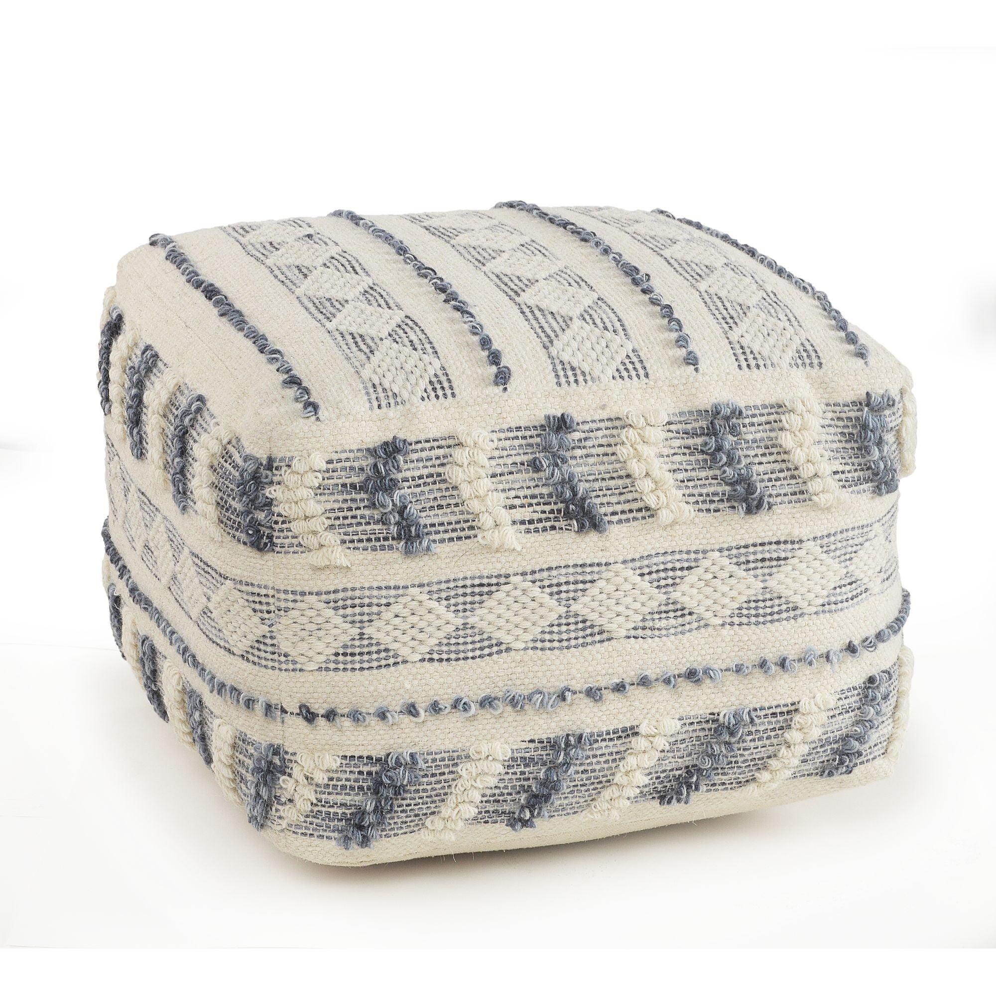 18" Cream and Navy Geometric Tufted Wool Pouf Ottoman