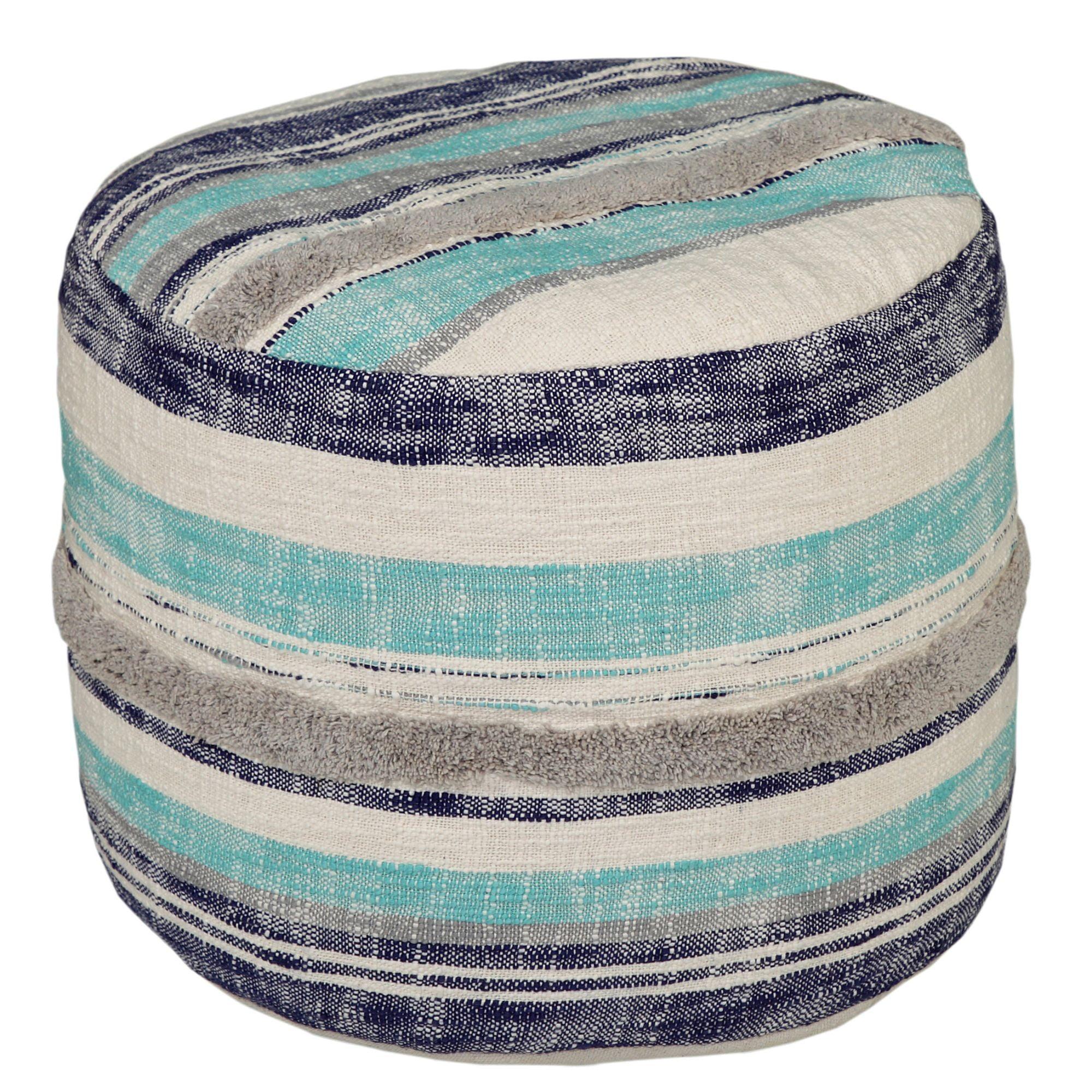 Navy Blue and White Hand Loomed Round Pouf Ottoman