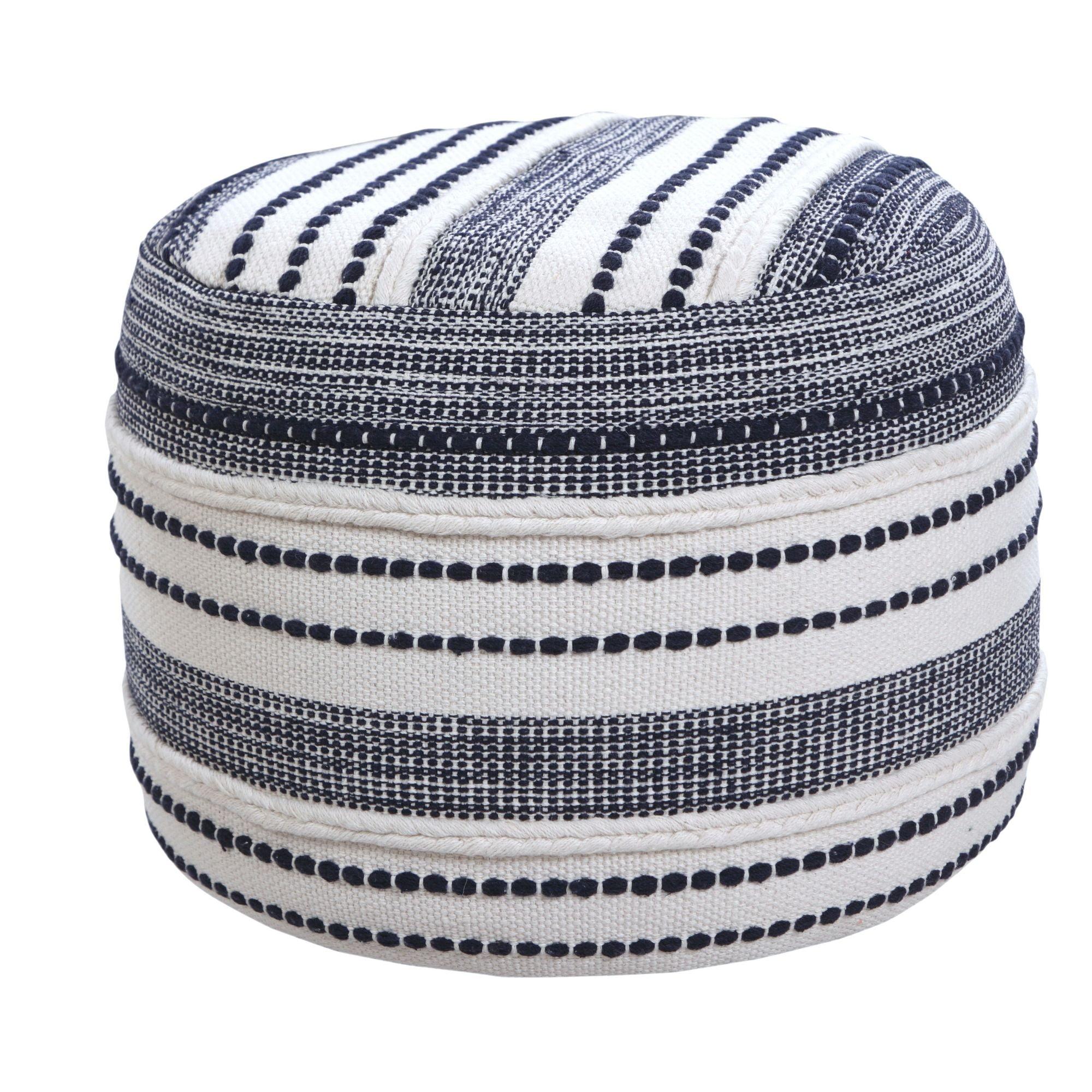 Laddha Home Designs 18" Navy and White Seaside Striped Handcrafted Round Pouf Ottoman