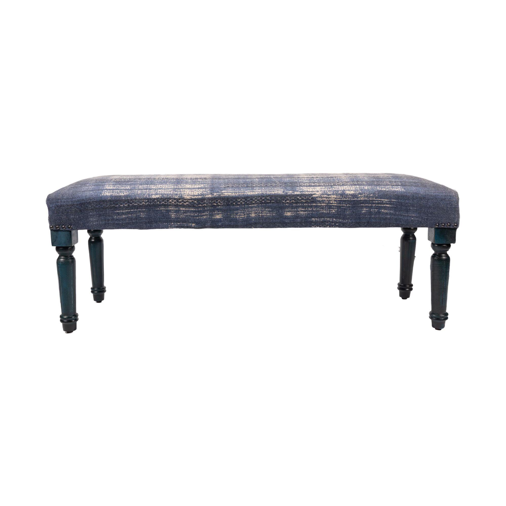 Antique Blue Distressed Cotton Rectangular Bench 47"