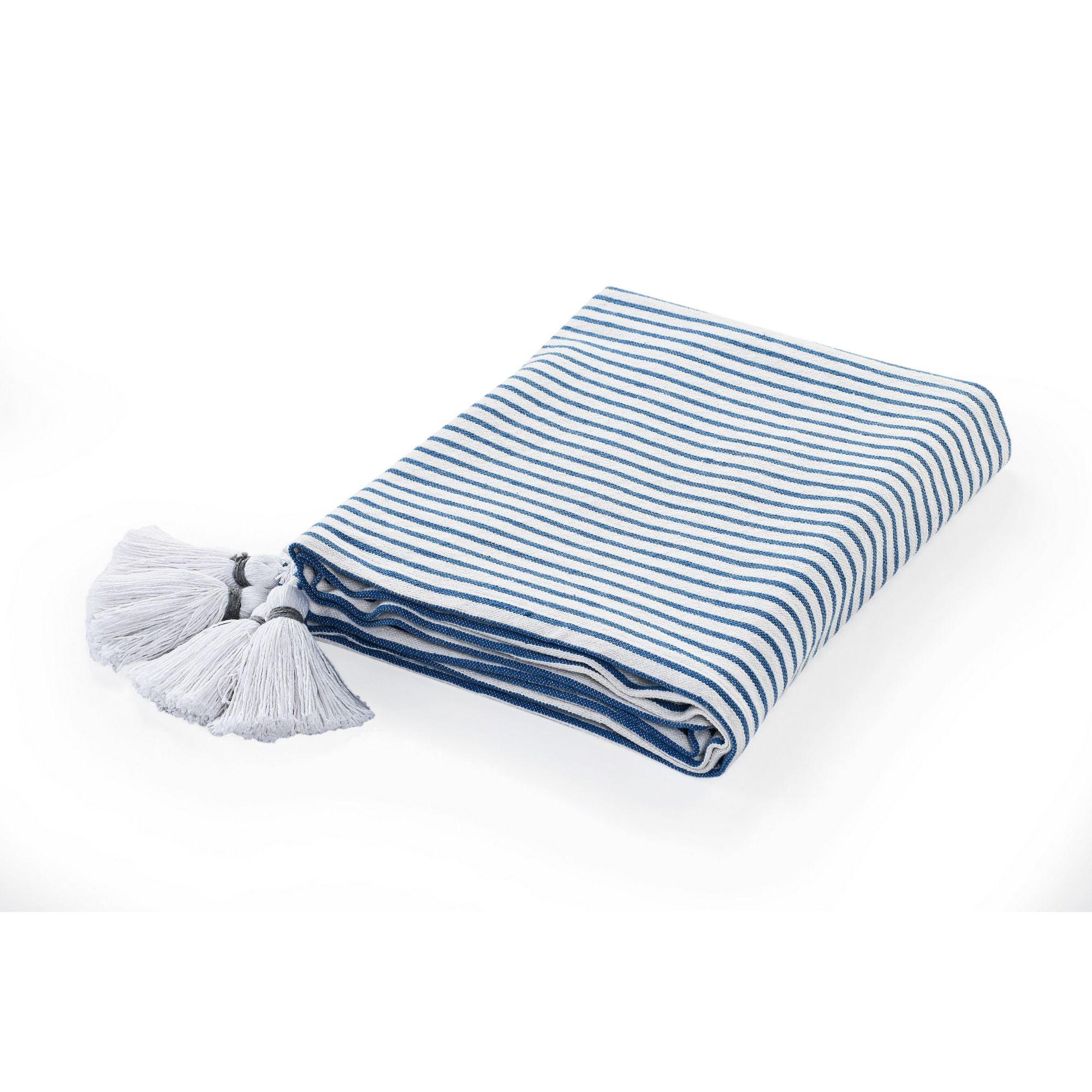 Blue and Ivory Cotton Striped Throw Blanket with Tassels