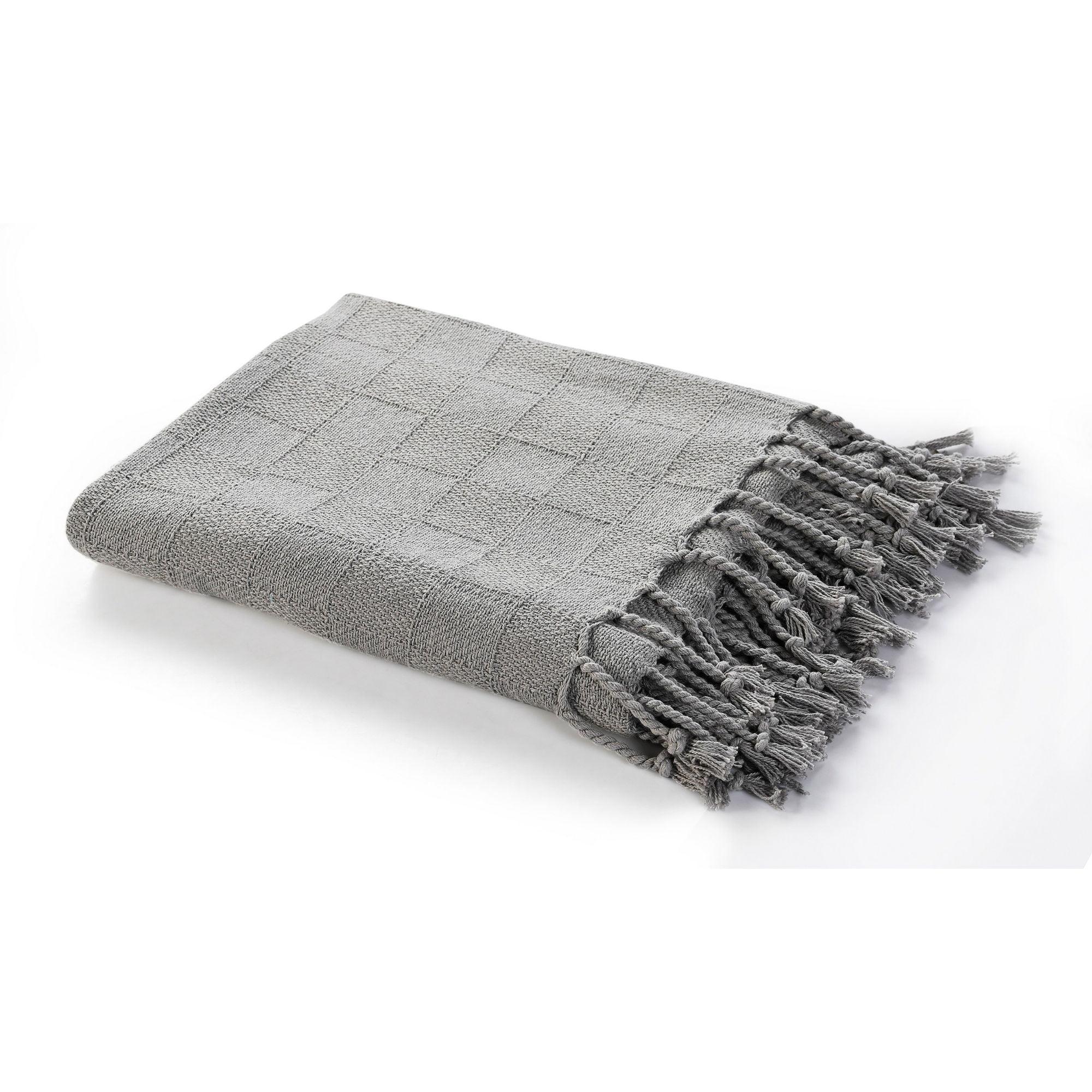 Gray Checkered Cotton Throw Blanket with Fringed Edges 50" x 60"