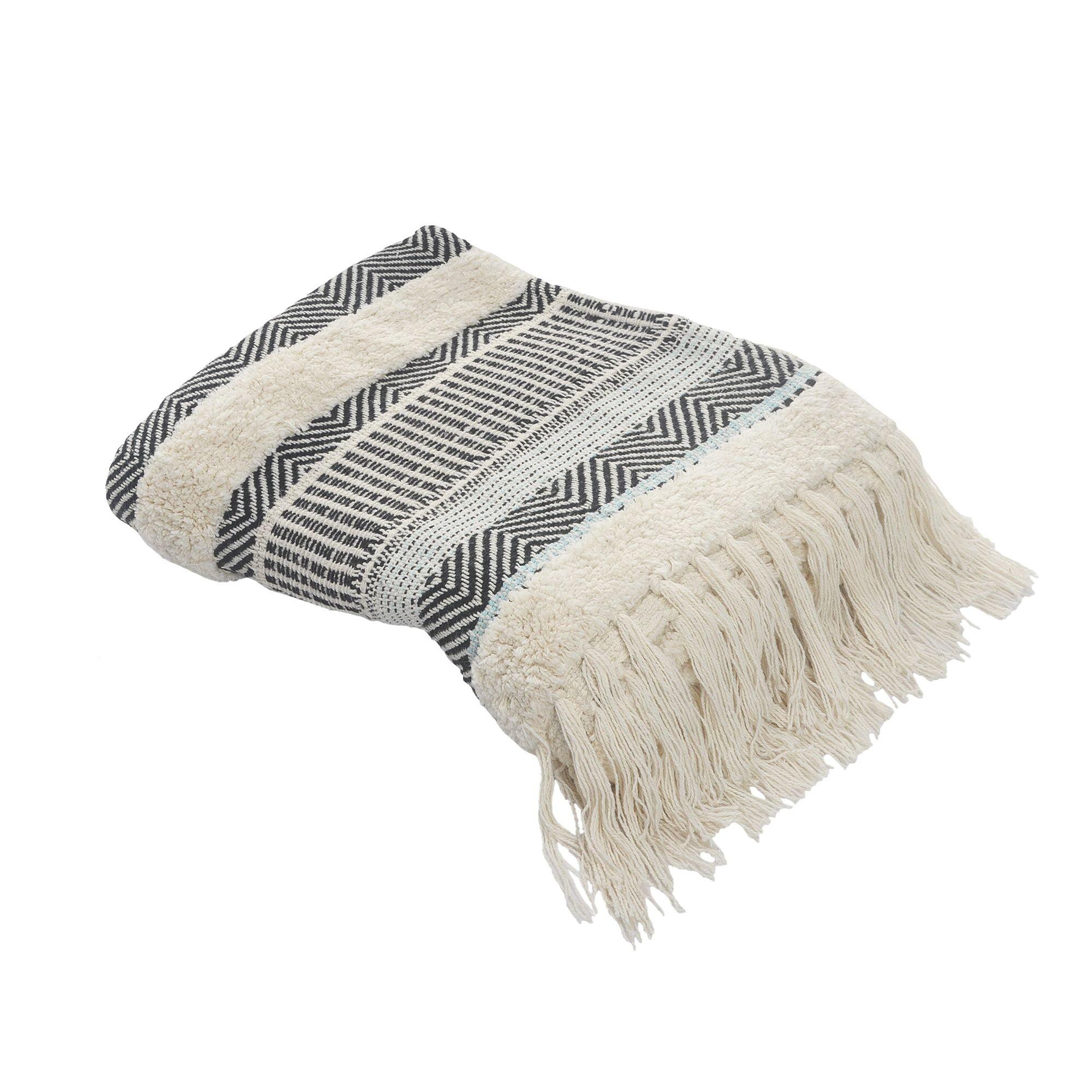 Navy and Beige Cotton Striped Throw Blanket with Fringe