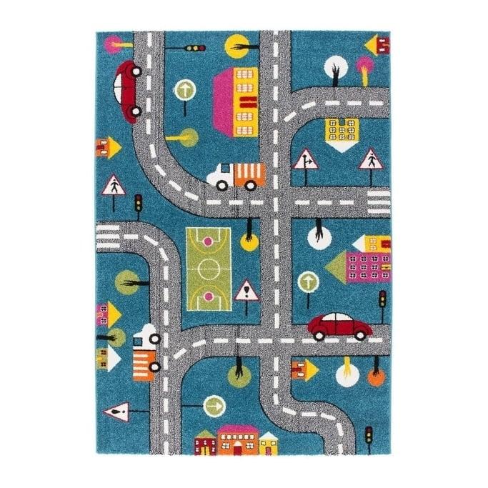 Blue City Theme Kids Area Rug with Cars and Roads, 5'2" x 7'3"