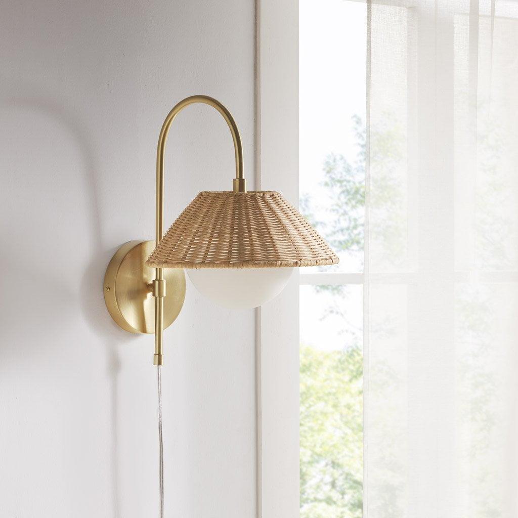 Gold Iron Wall Sconce with Rattan Shade and Frosted Globe