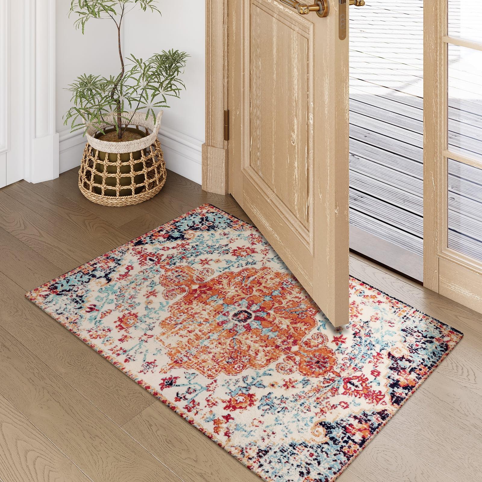 Moynesa 2'x3' Bohemian Area Rug, 2x3ft Small Boho Washable Bathroom Entryway Kitchen Rug,Floral Medallion Non Slip Pet Friendly Vintage Throw Carpet for Front Door Sink Living Room Bedroom, Orange