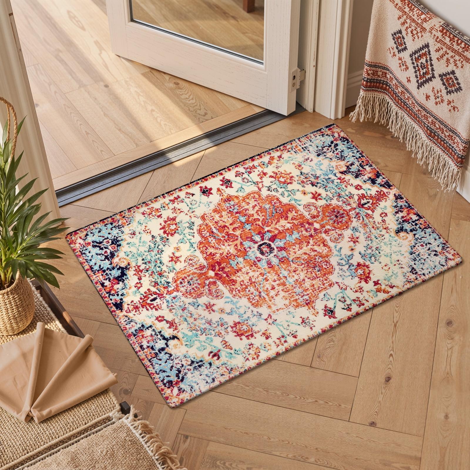 Moynesa 2'x3' Bohemian Area Rug, 2x3ft Small Boho Washable Bathroom Entryway Kitchen Rug,Floral Medallion Non Slip Pet Friendly Vintage Throw Carpet for Front Door Sink Living Room Bedroom, Orange