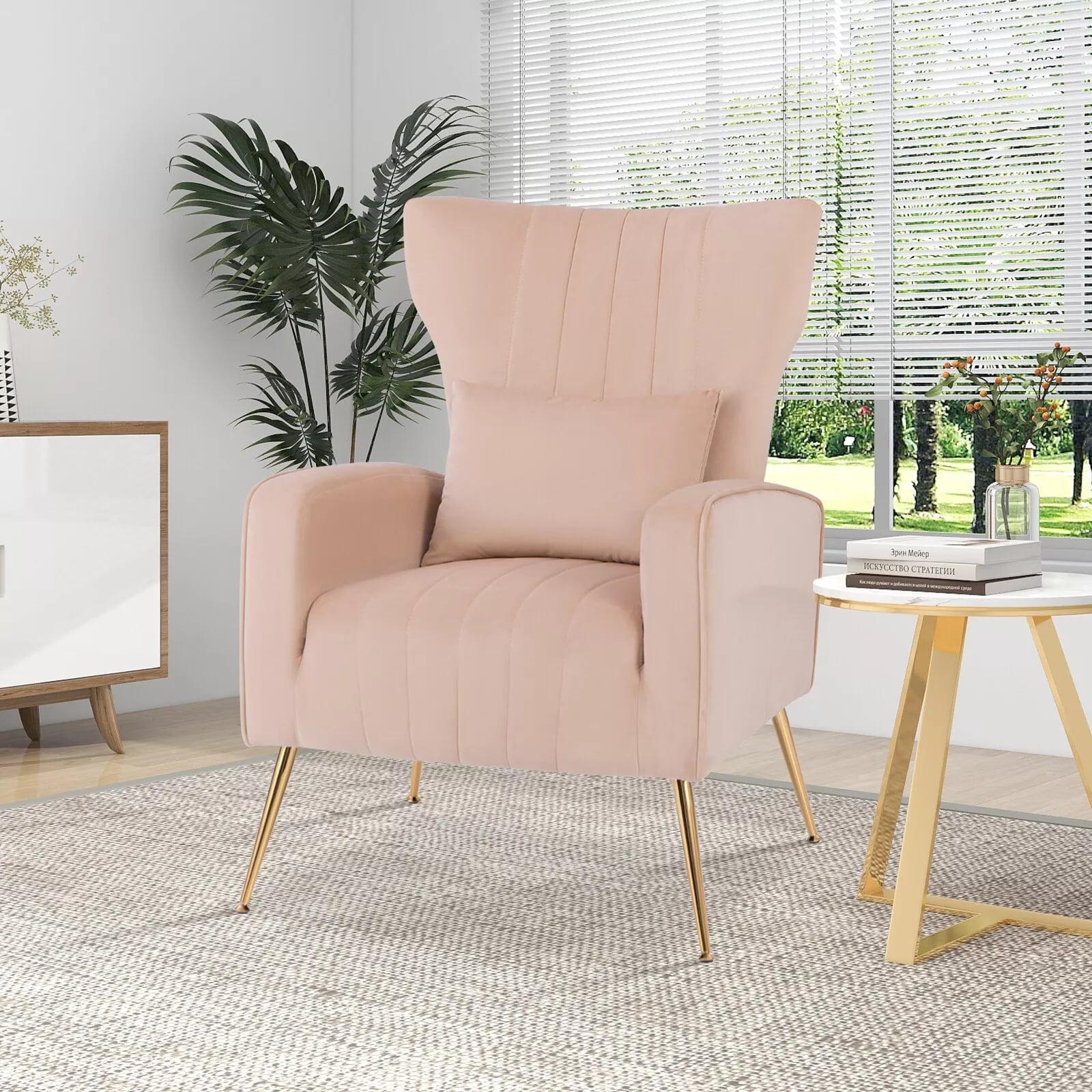 Resenkos Velvet Upholstered Wingback Chair with Lumbar Pillow and Golden Metal Legs-Pink, Modern Mid-Century Upholstered Living Room Chair