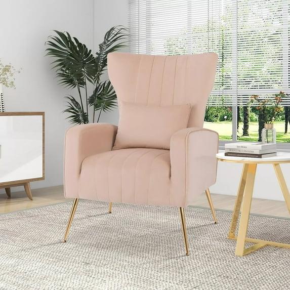 Kepooman Accent Chair, Modern Sofa Chair, Wingback Club Chairs,Velvet Upholstered Wingback Chair with Lumbar Pillow and Golden Metal Legs-Pink