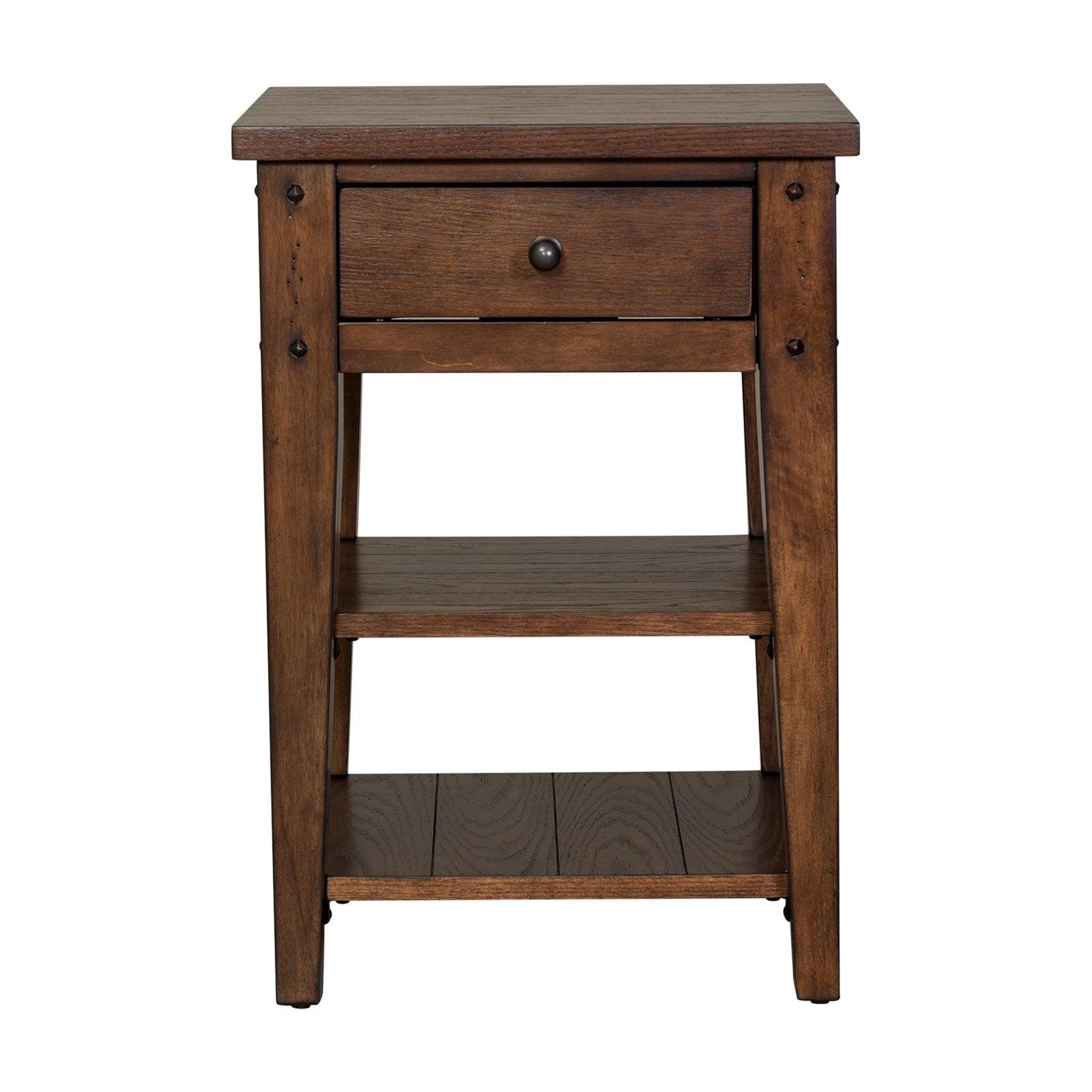 Rustic Brown Oak Square Chairside Table with Storage