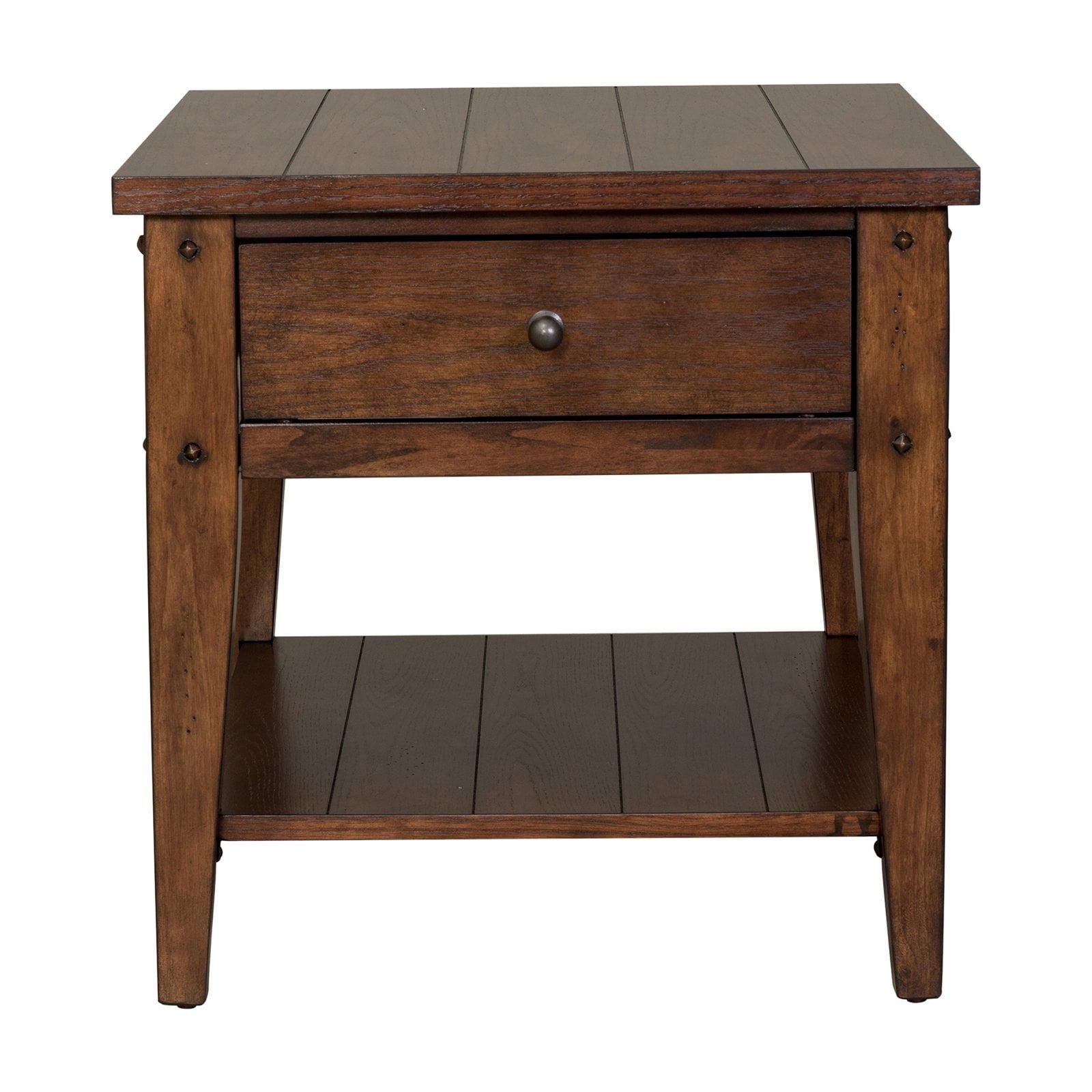 Rustic Brown Oak Rectangular Wood End Table with Storage