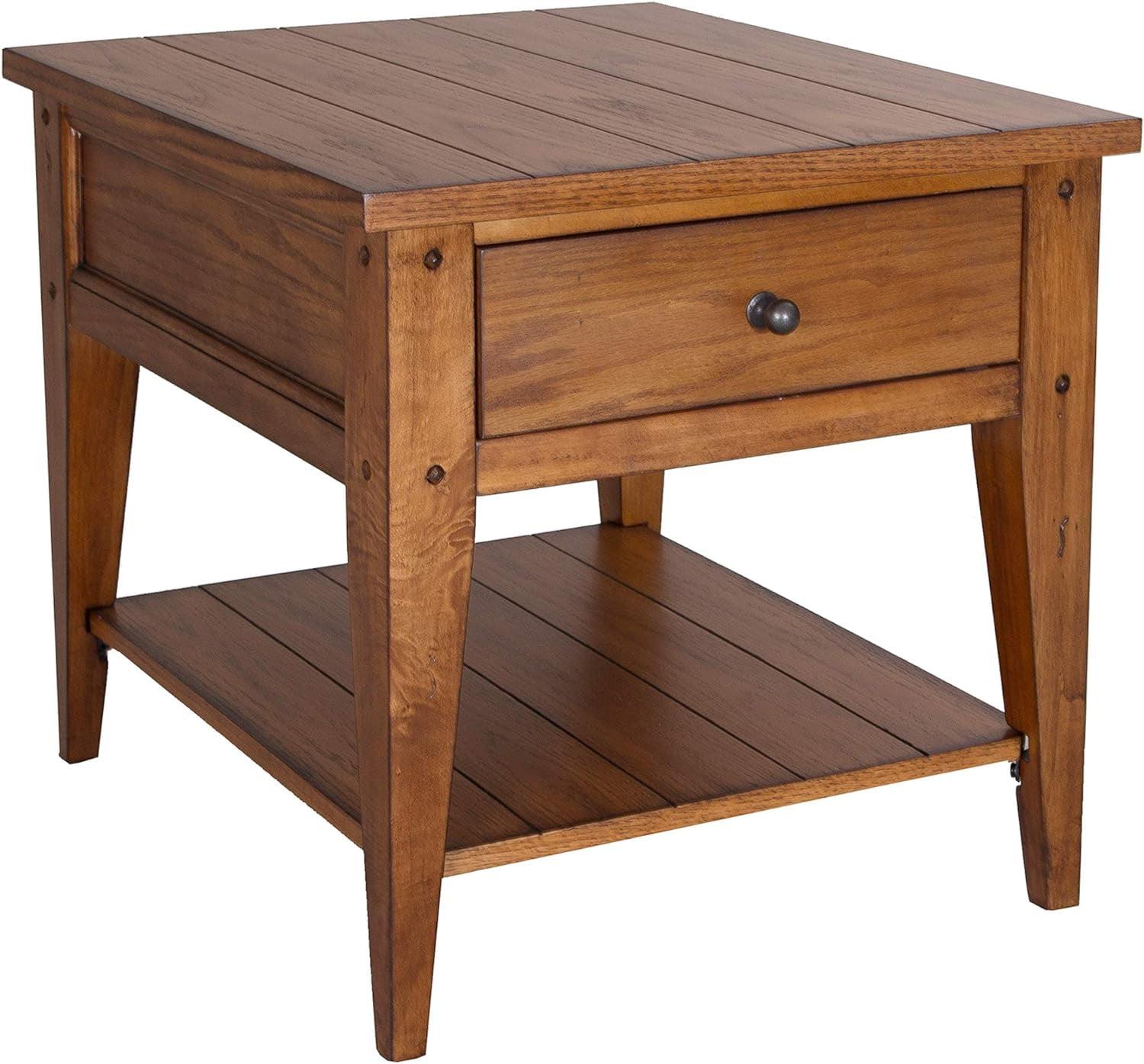 Rustic Brown Oak Rectangular End Table with Storage