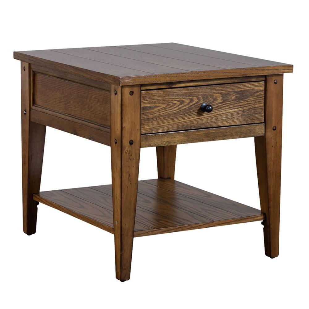 Rustic Brown Oak Rectangular End Table with Storage