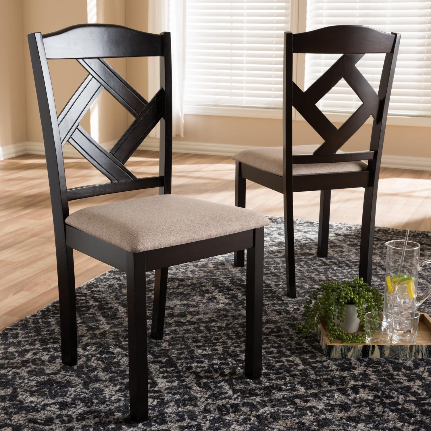 Beige Upholstered Parsons Side Chair with Dark Brown Wood Frame