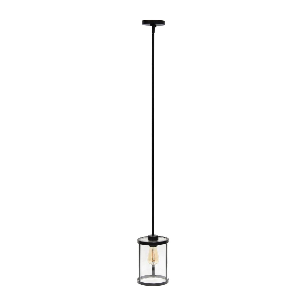 1-Light 9.25" Modern Farmhouse Adjustable Hanging Cylindrical Clear Glass Pendant Fixture with Metal Accent Black - Lalia Home: Industrial Style